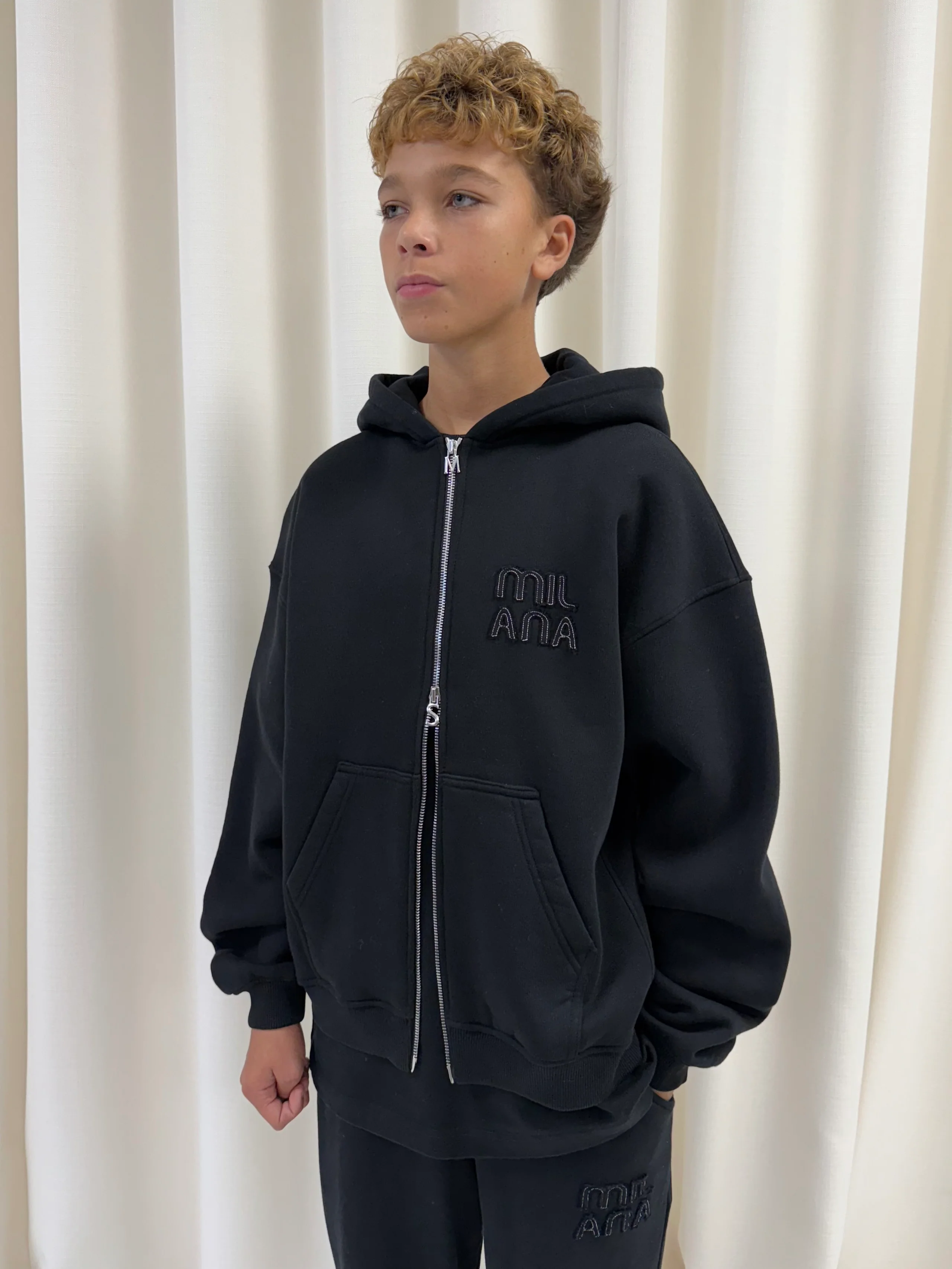 Black Appliqué Kids Zip Hoodie. - Image 5