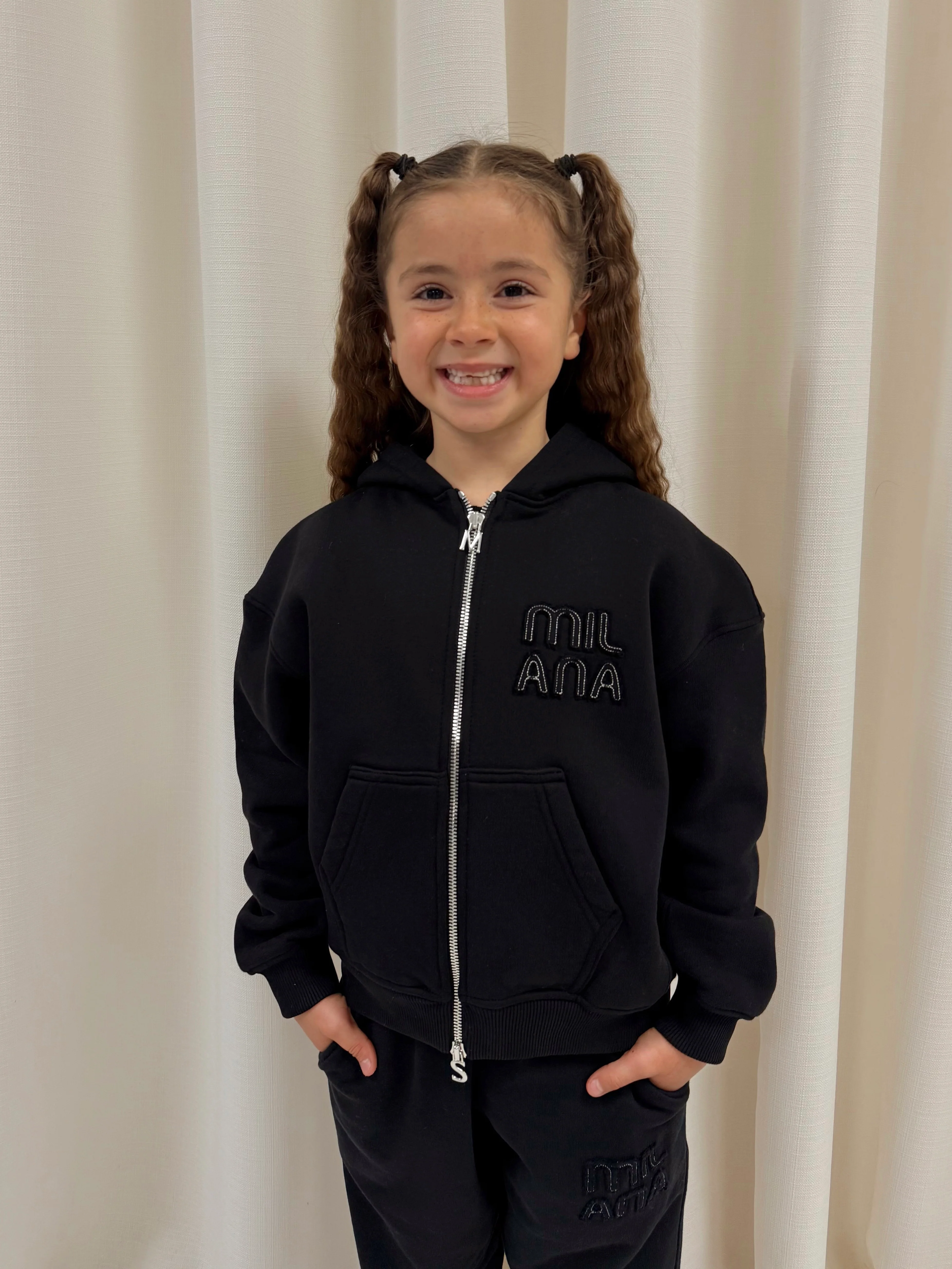 Black Appliqué Kids Zip Hoodie. - Image 6