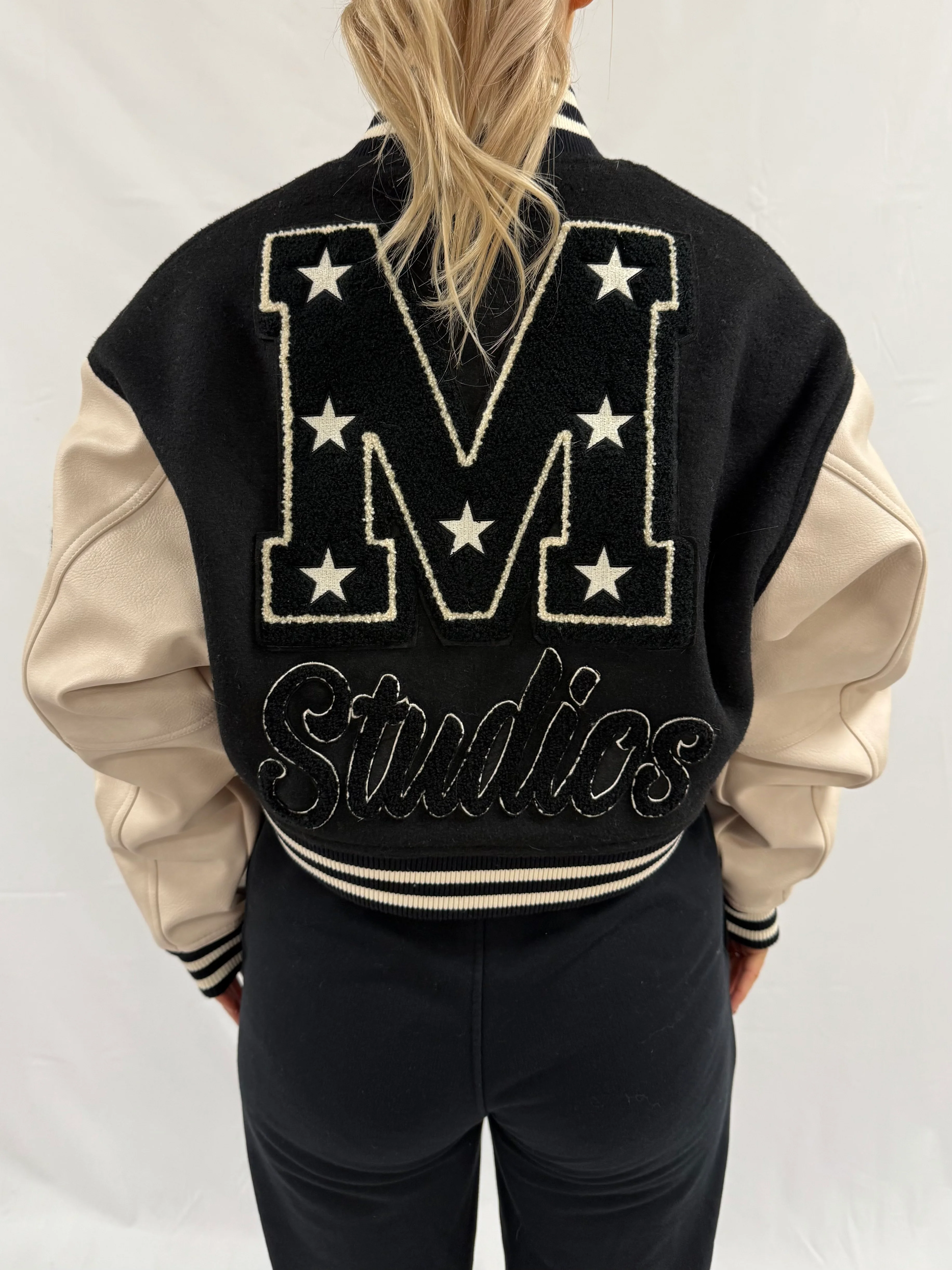 Black Heavyweight Cropped Varsity Bomber Jacket. - Image 3