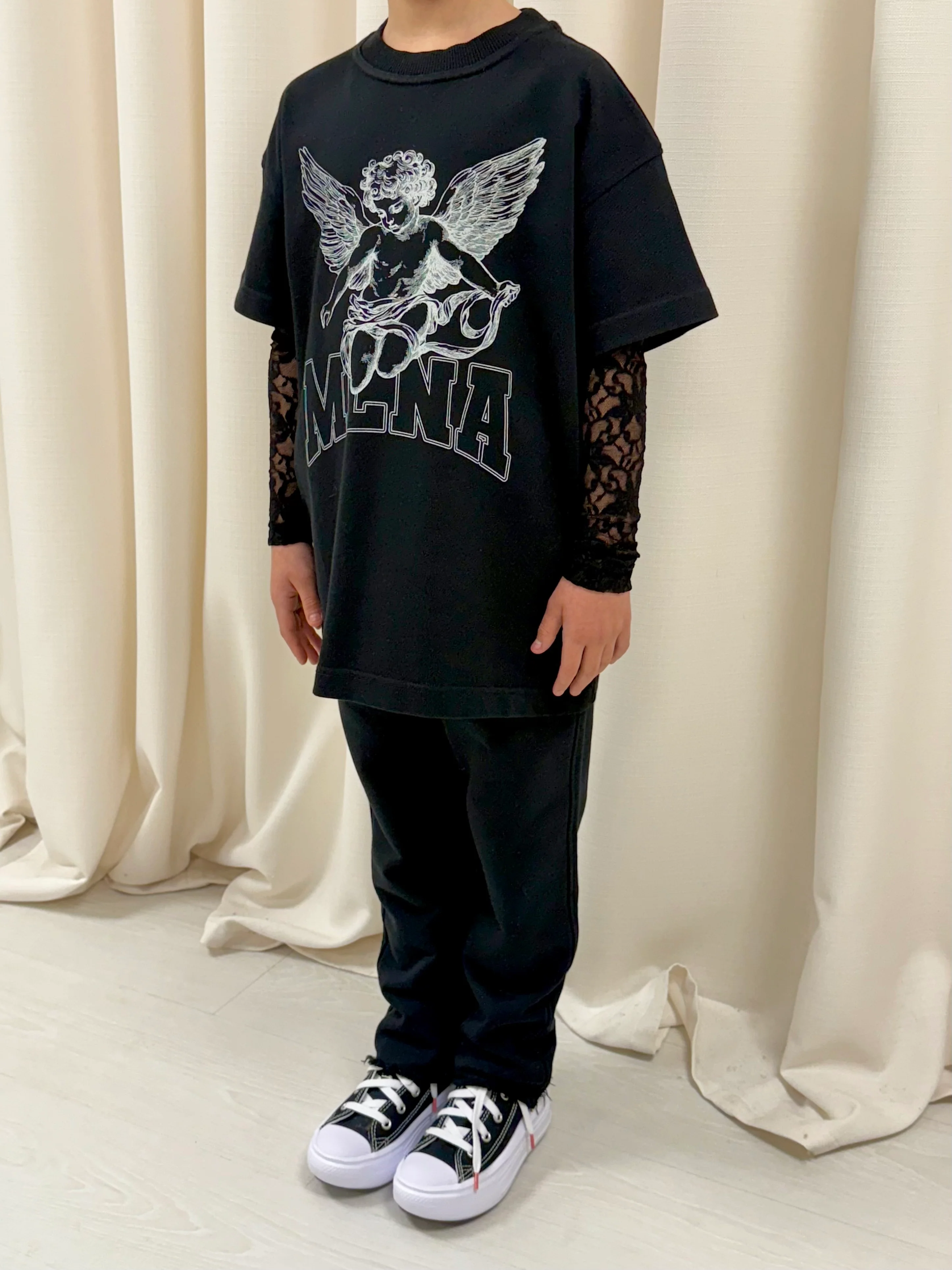 Black Stencilled Cherub Kids T-shirt. - Image 5