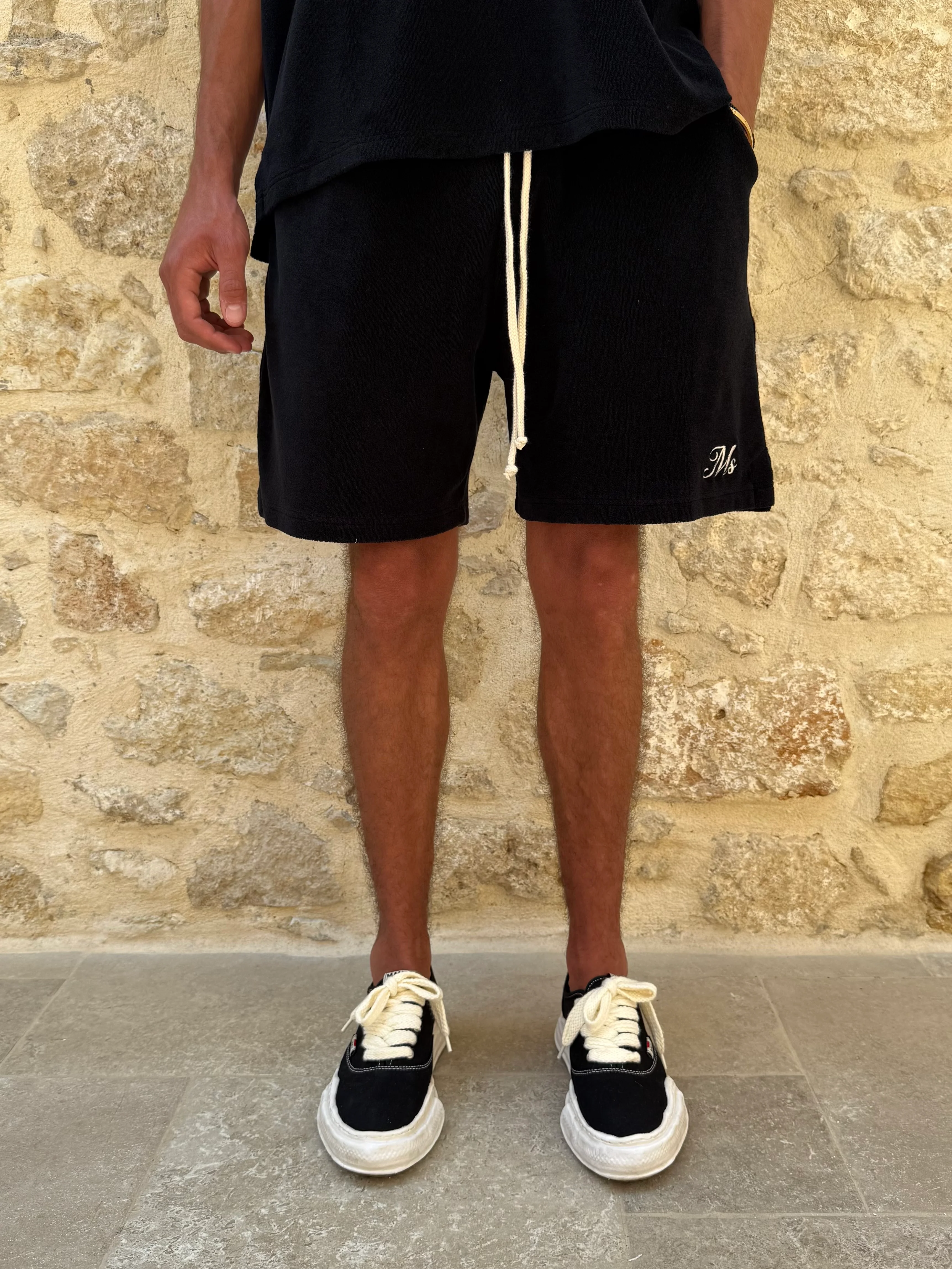 Black Towelling Relaxed Shorts. - Image 3