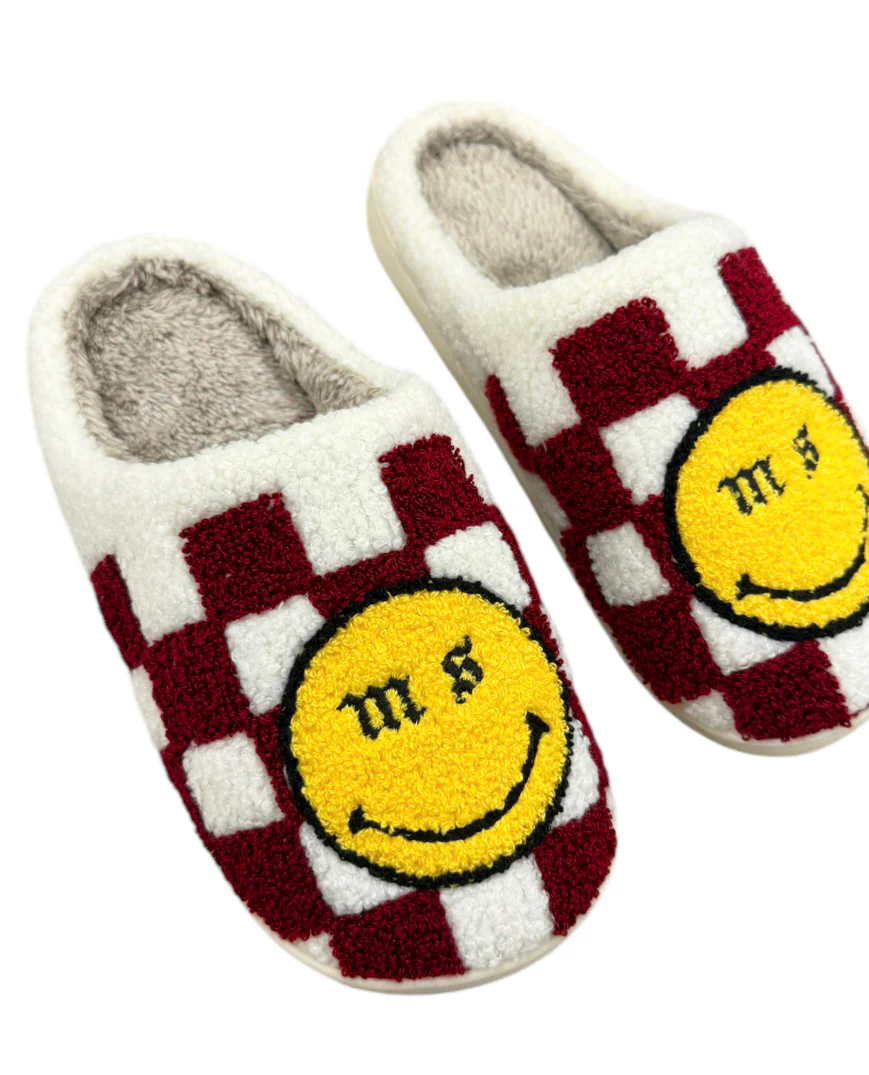 Burgundy Check Smiley Slippers. - Image 3