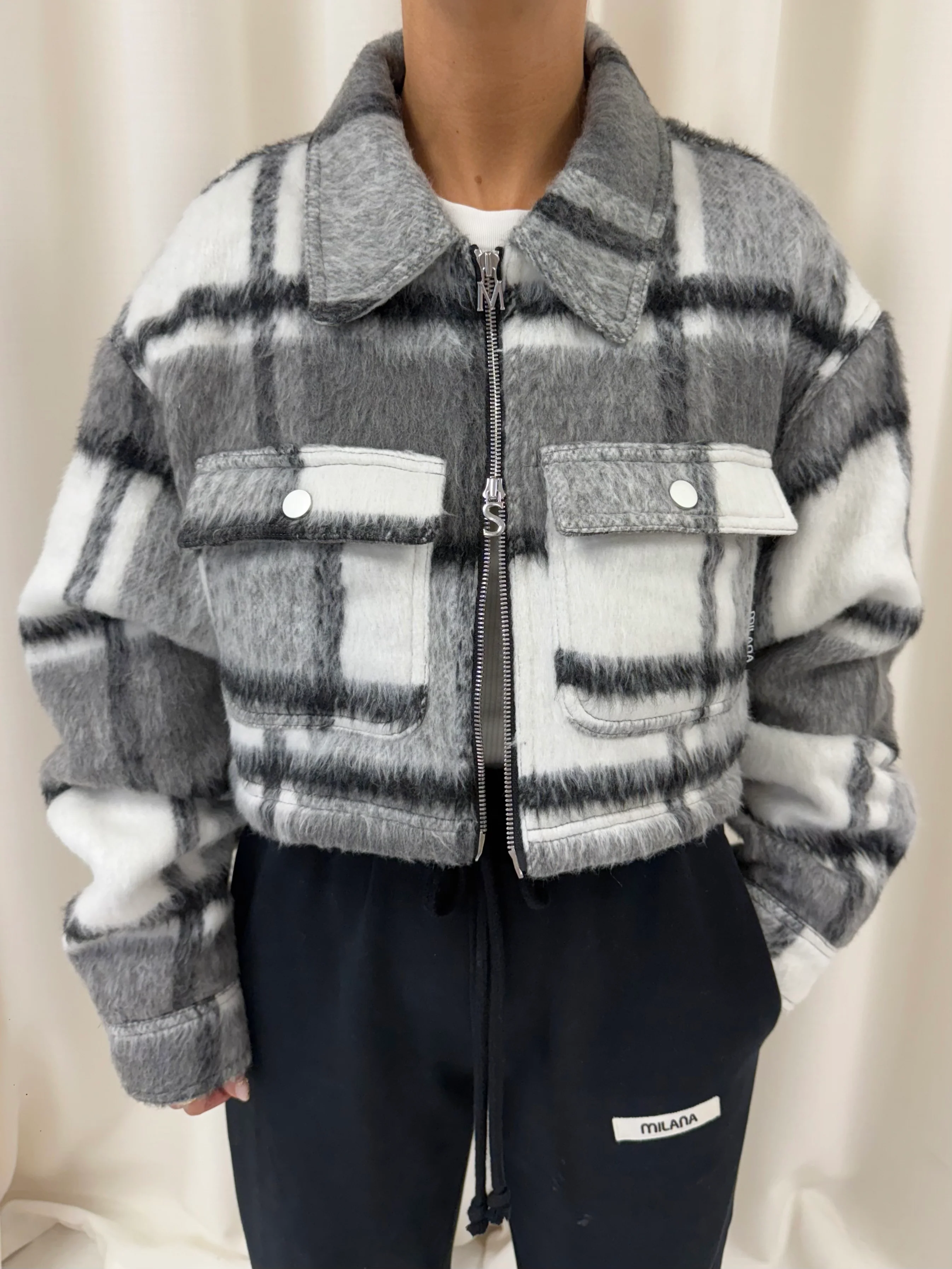 Charcoal Wool Check Cropped Flannel Trucker Jacket. - Image 6