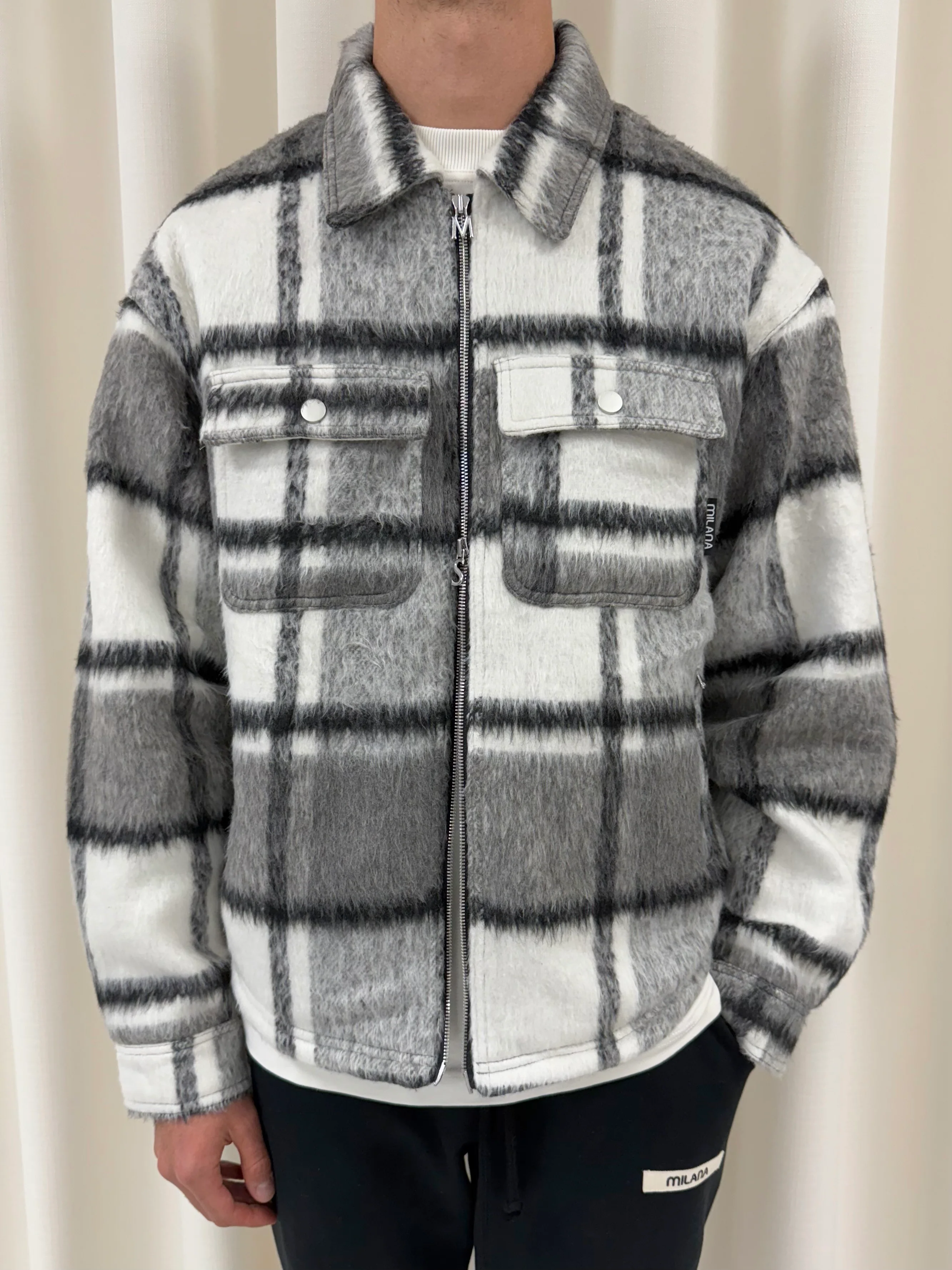 Charcoal Wool Check Flannel Trucker Jacket. - Image 5