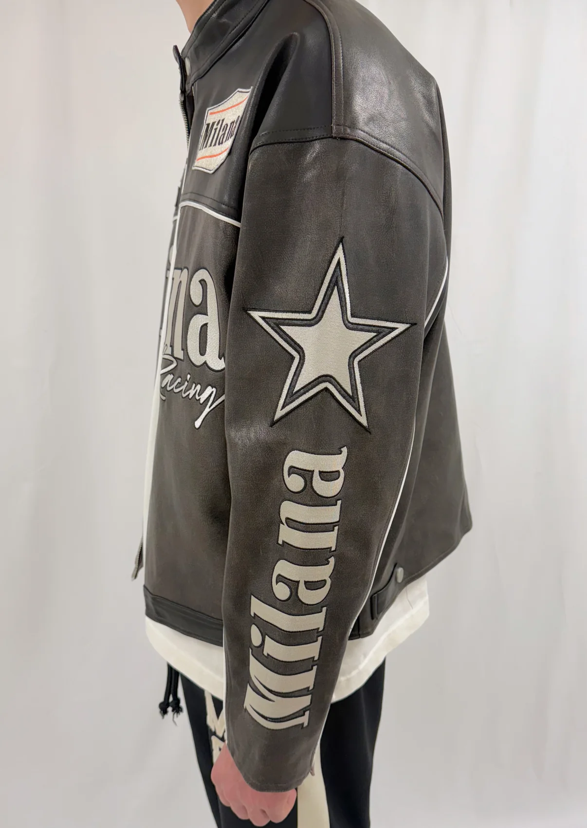 Charcoal Heavyweight Leather Biker Jacket. - Image 3