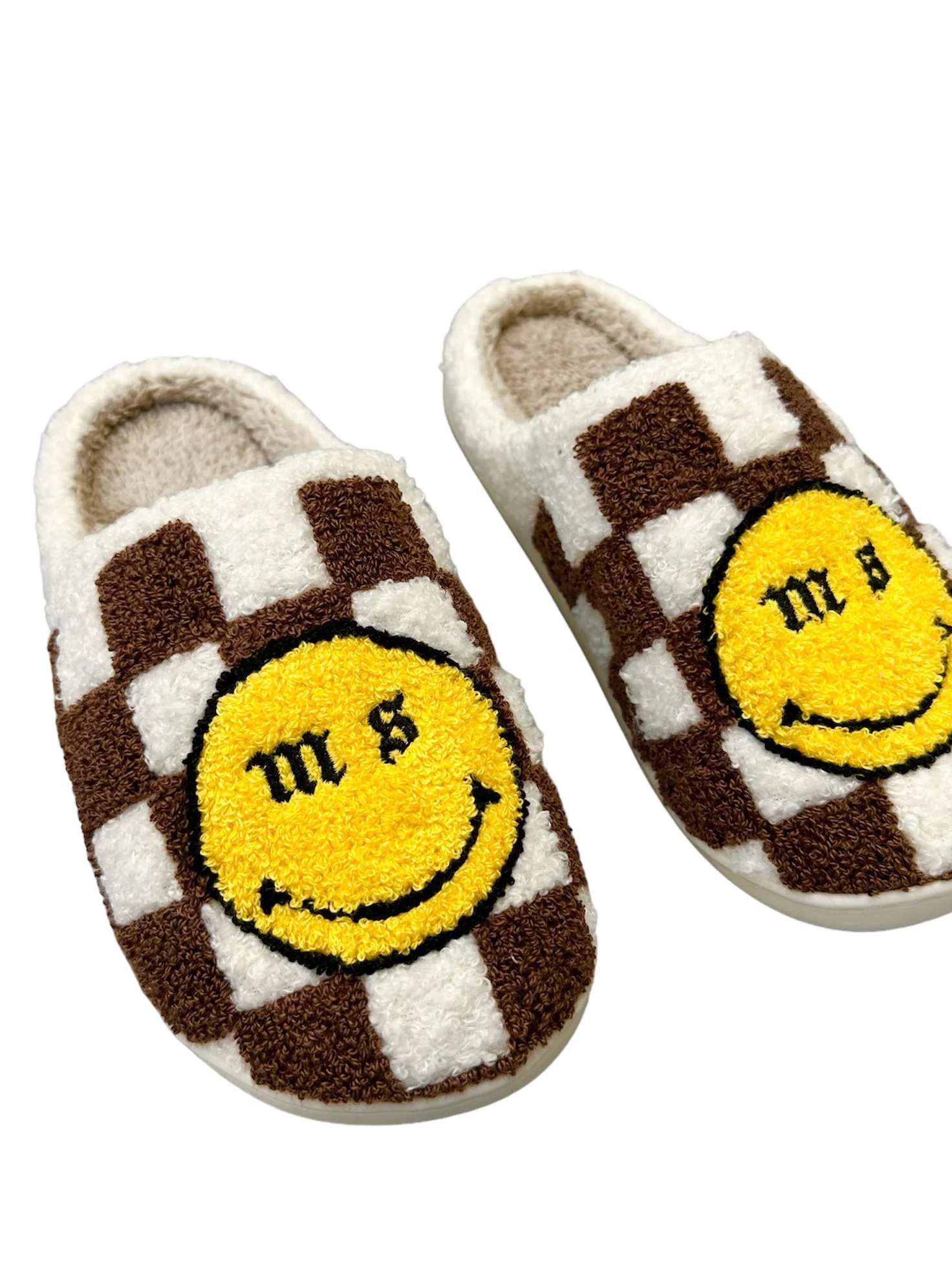 Chocolate Check Smiley Slippers. - Image 3
