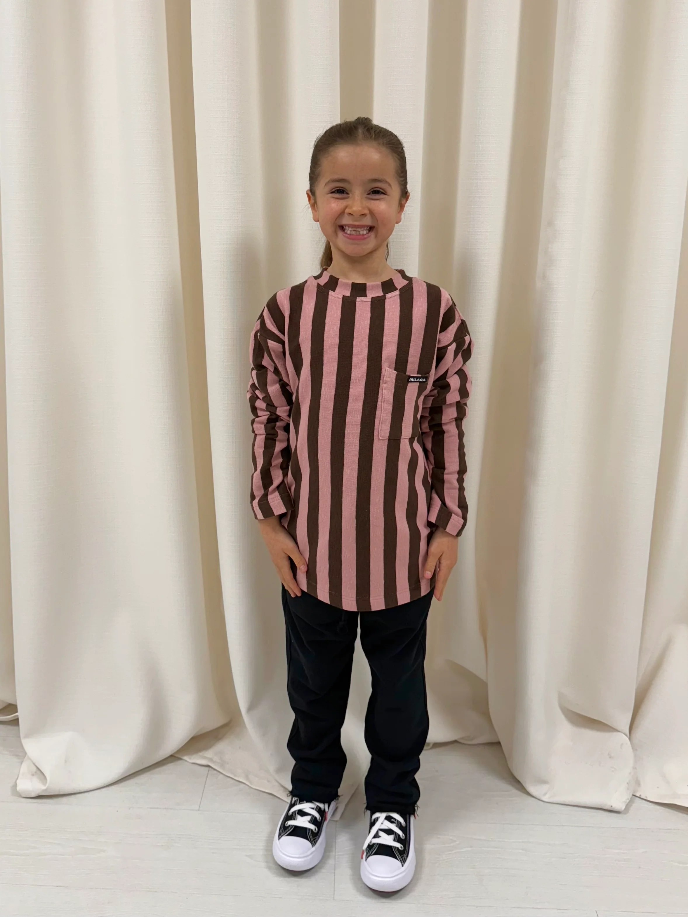 Chocolate Brown and Pink Striped Kids Knitted Long Sleeve. - Image 3