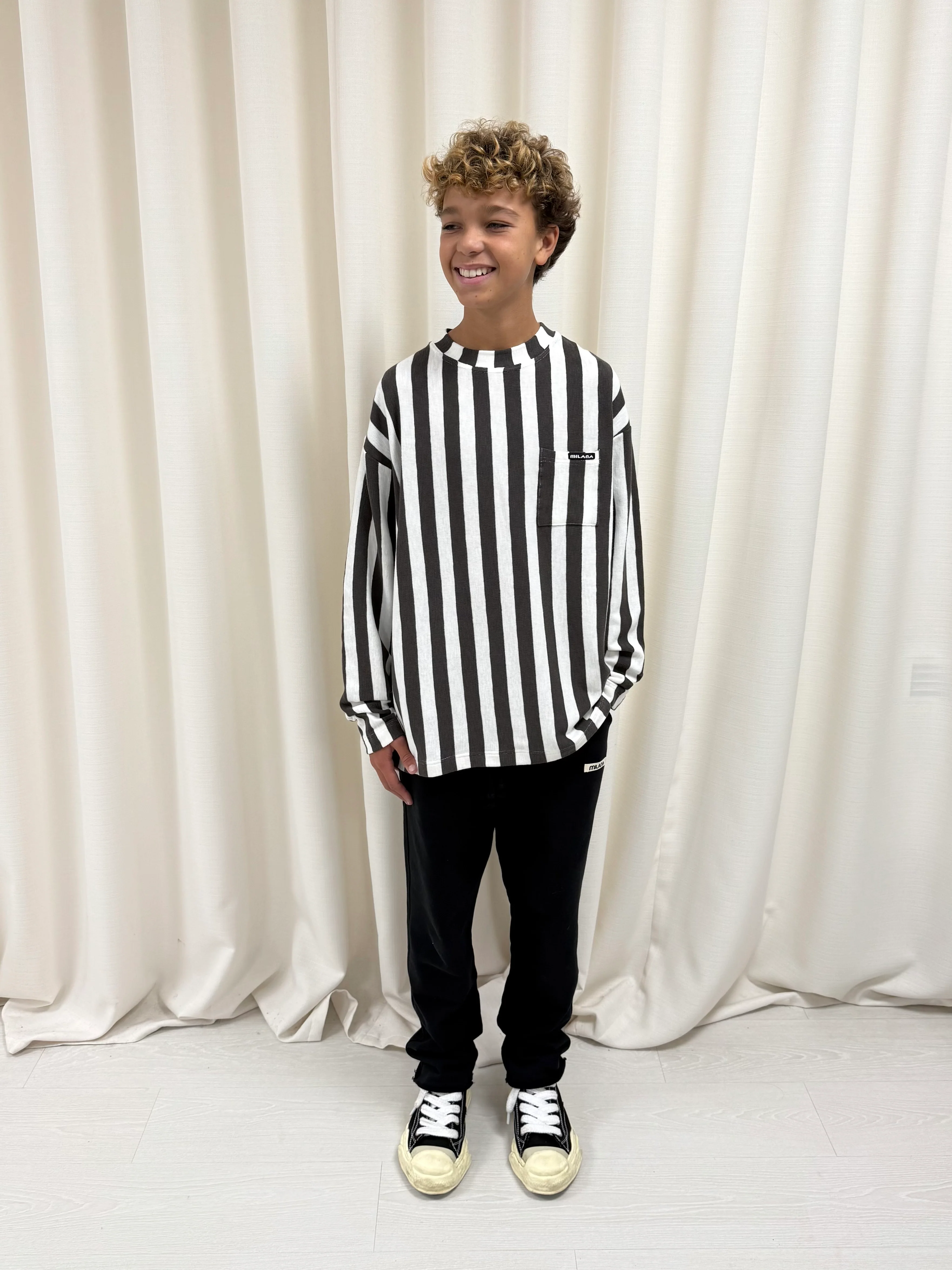 Cream and Charcoal Striped Kids Knitted Long Sleeve. - Image 3
