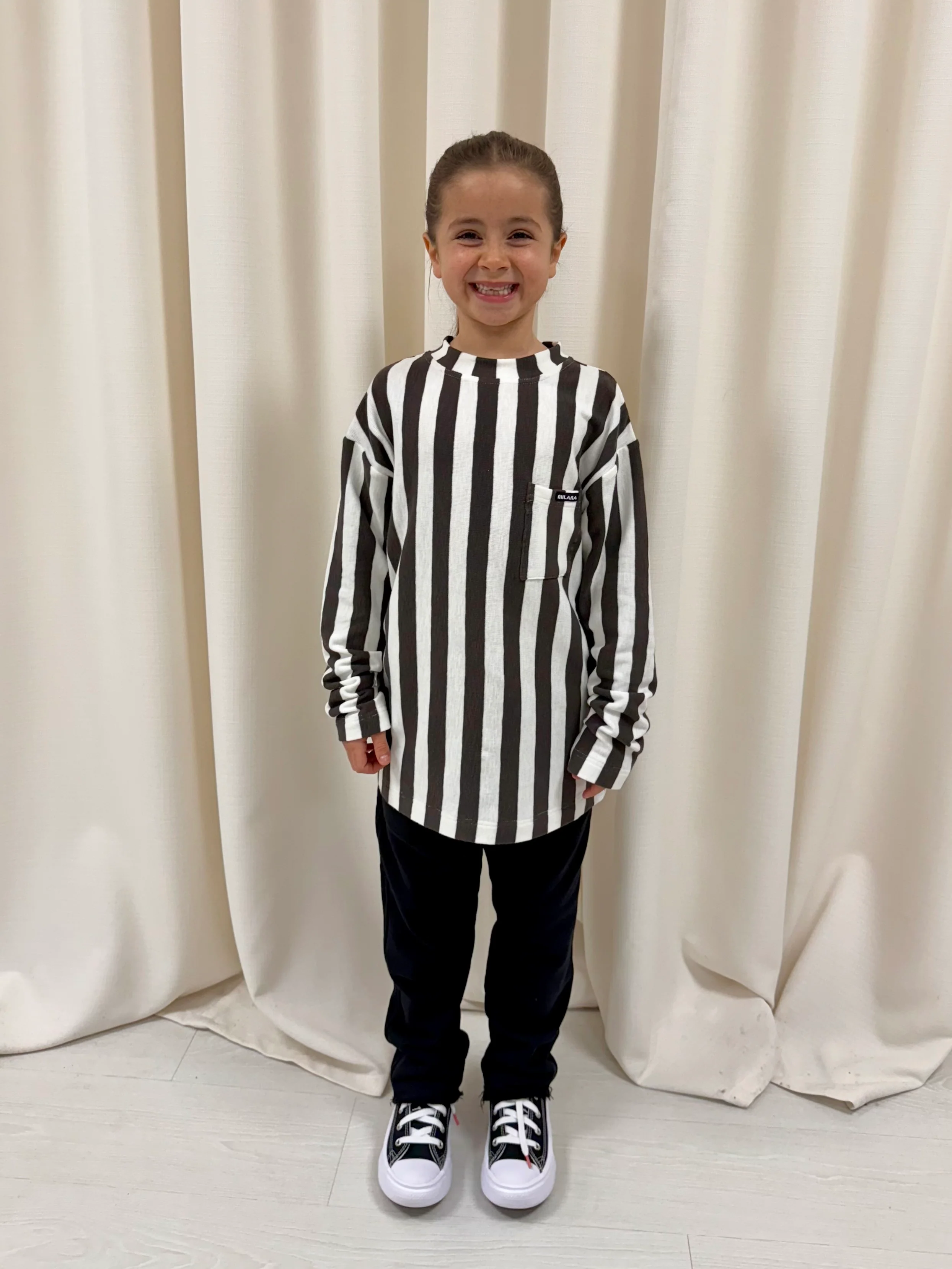 Cream and Charcoal Striped Kids Knitted Long Sleeve. - Image 4