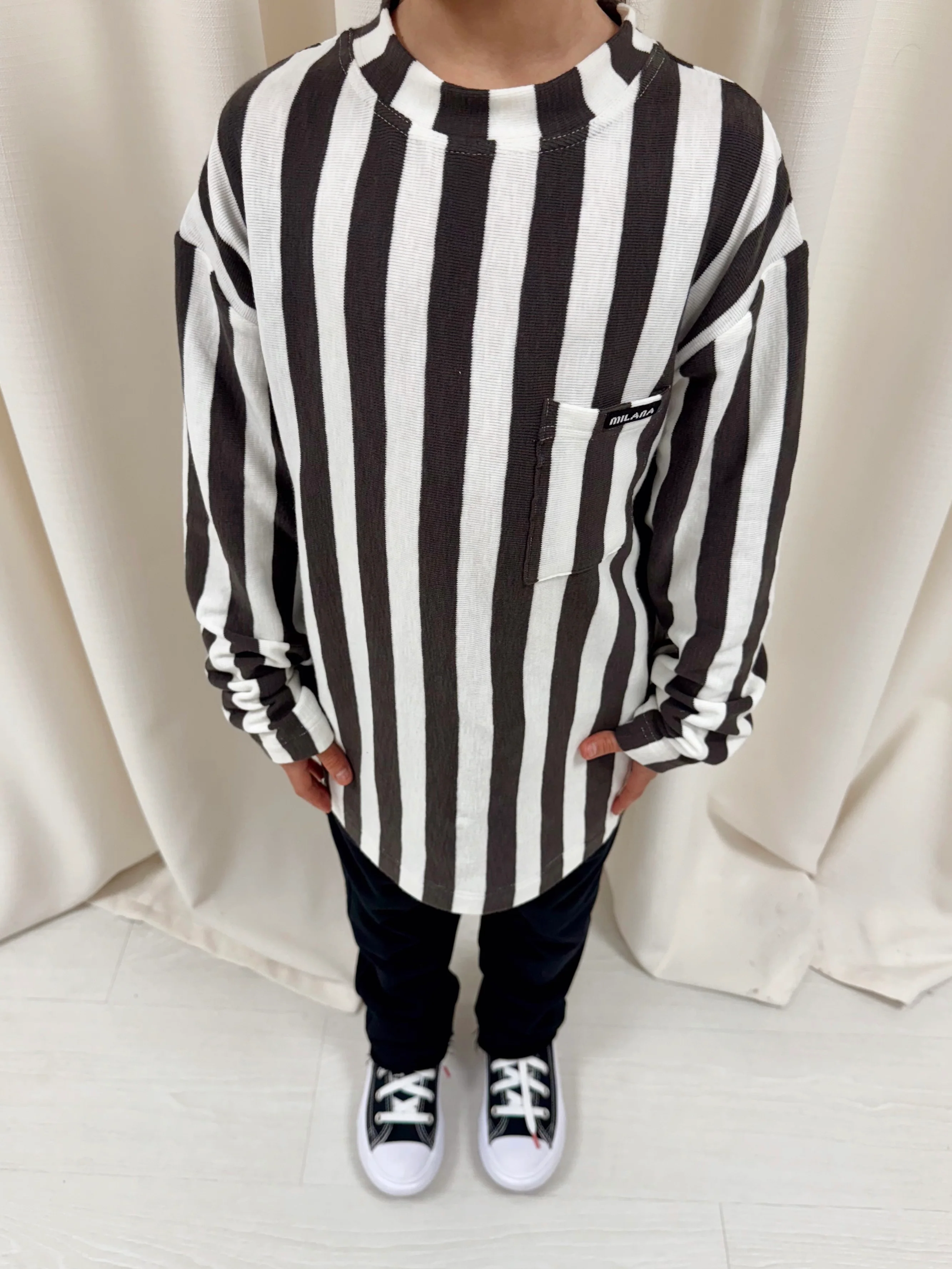 Cream and Charcoal Striped Kids Knitted Long Sleeve. - Image 5