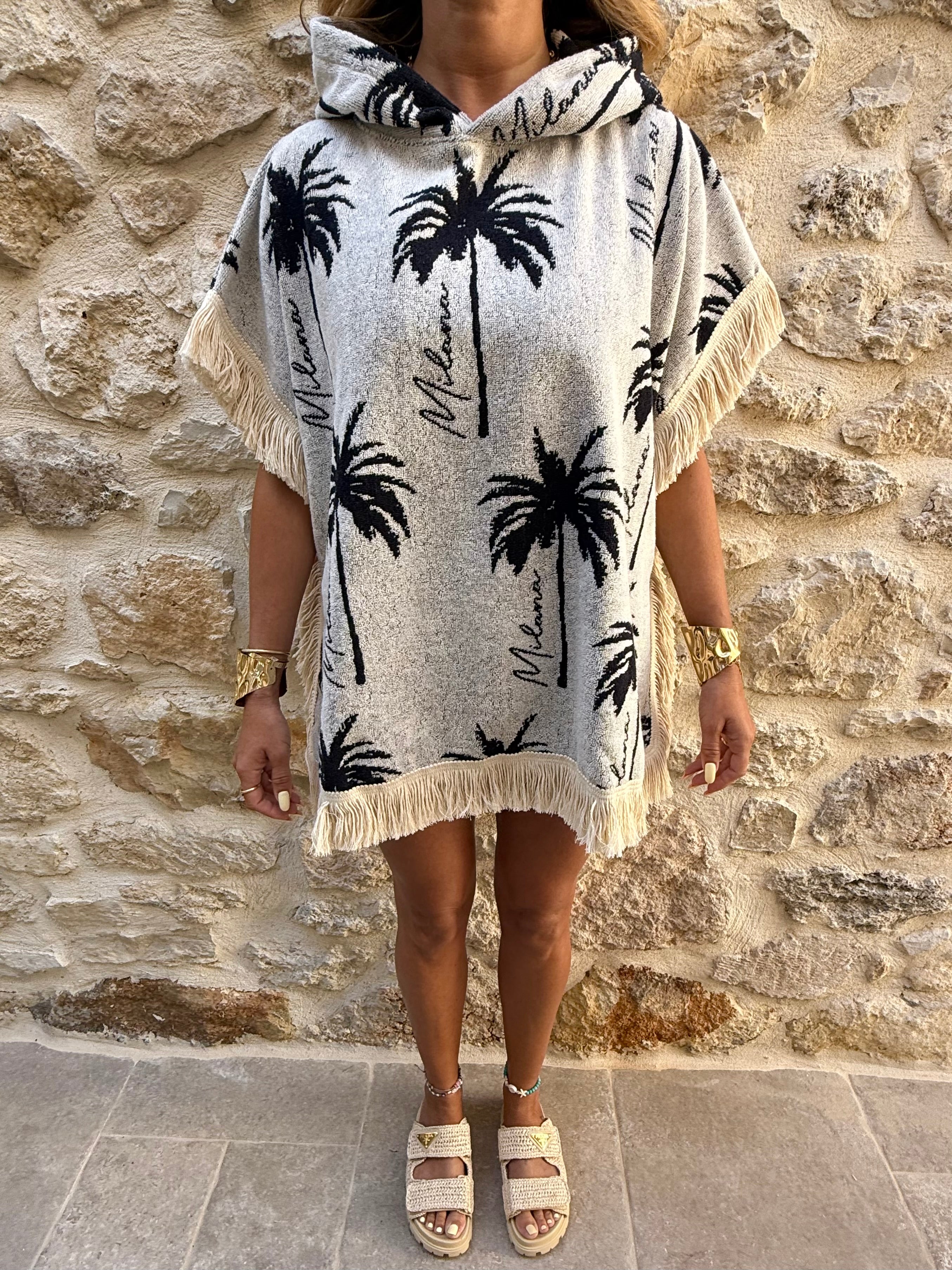 Cream & Black Palm Tree Cotton Towel Poncho. - Image 4