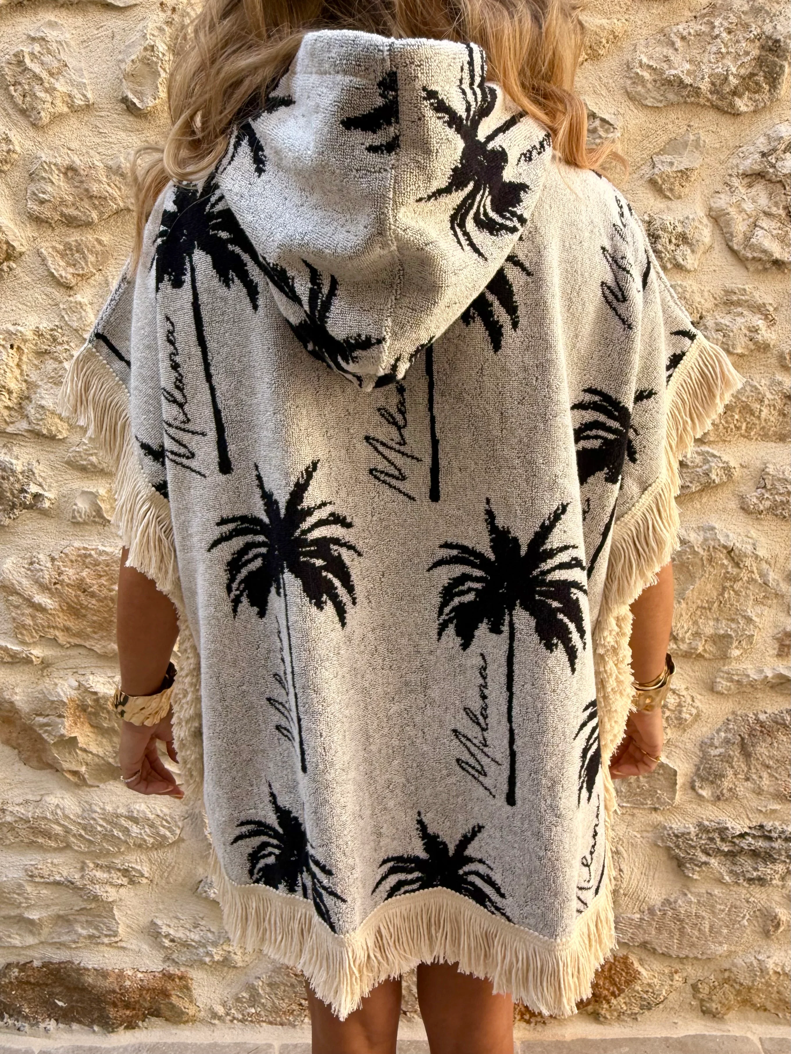 Cream & Black Palm Tree Cotton Towel Poncho. - Image 5