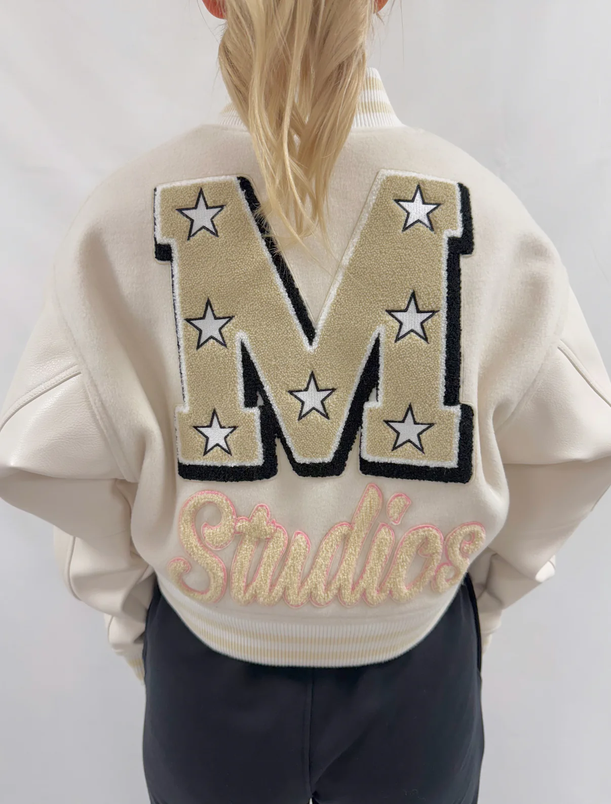 Cream Heavyweight Cropped Varsity Bomber Jacket. - Image 3