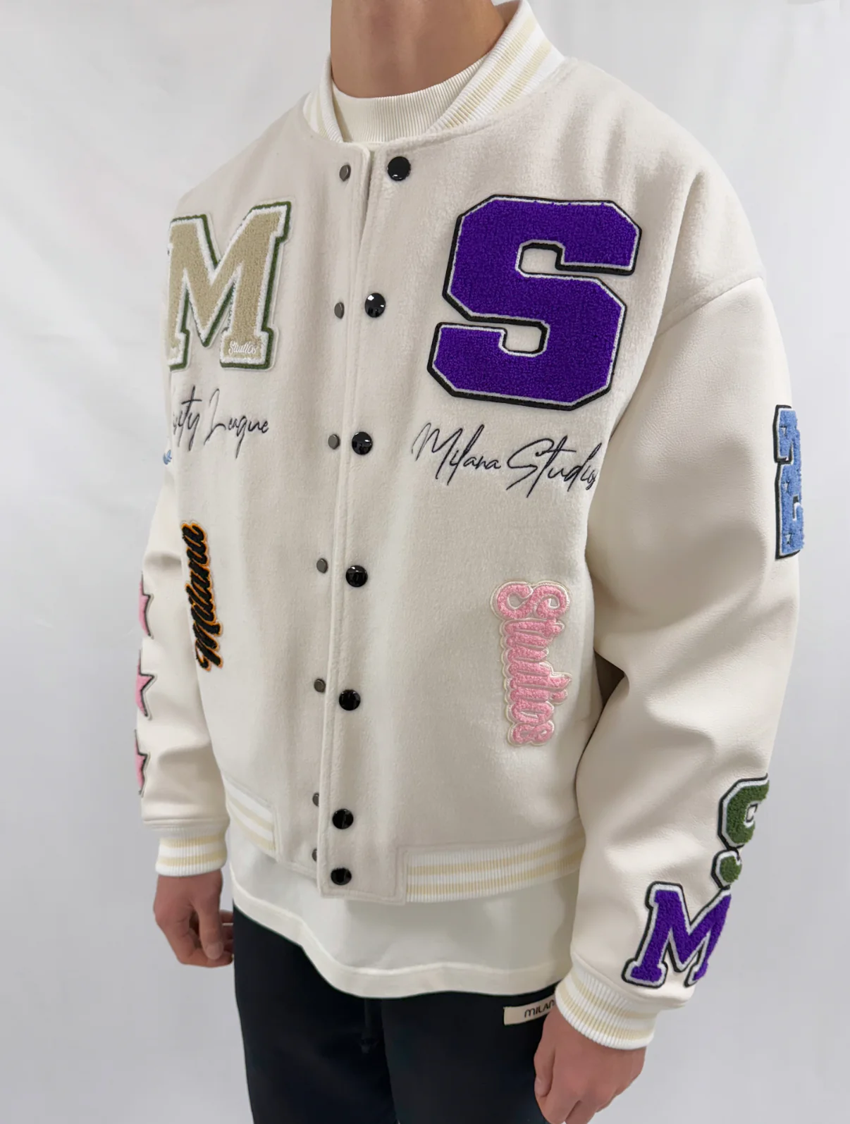 Cream Heavyweight Varsity Bomber Jacket. - Image 3