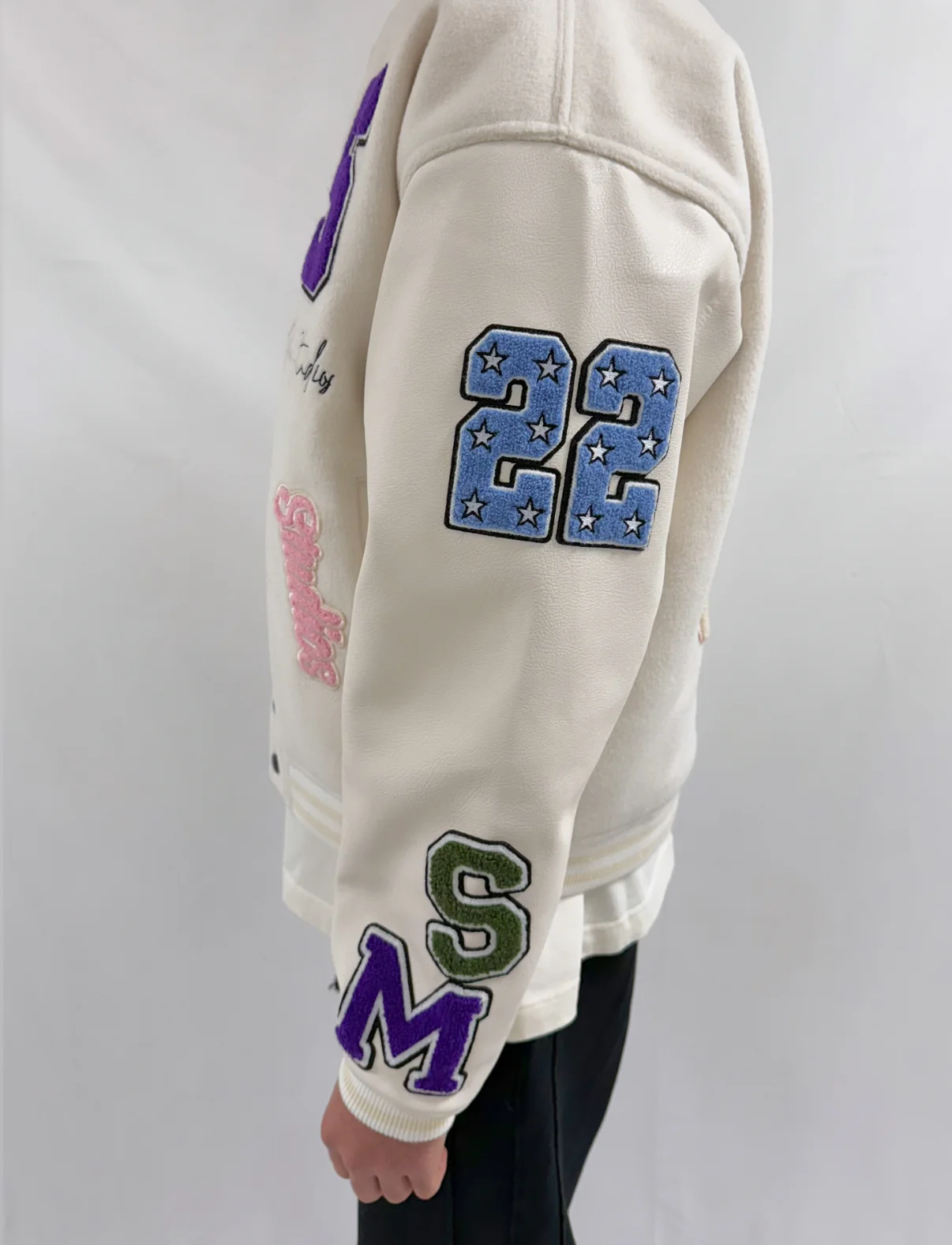 Cream Heavyweight Varsity Bomber Jacket. - Image 4