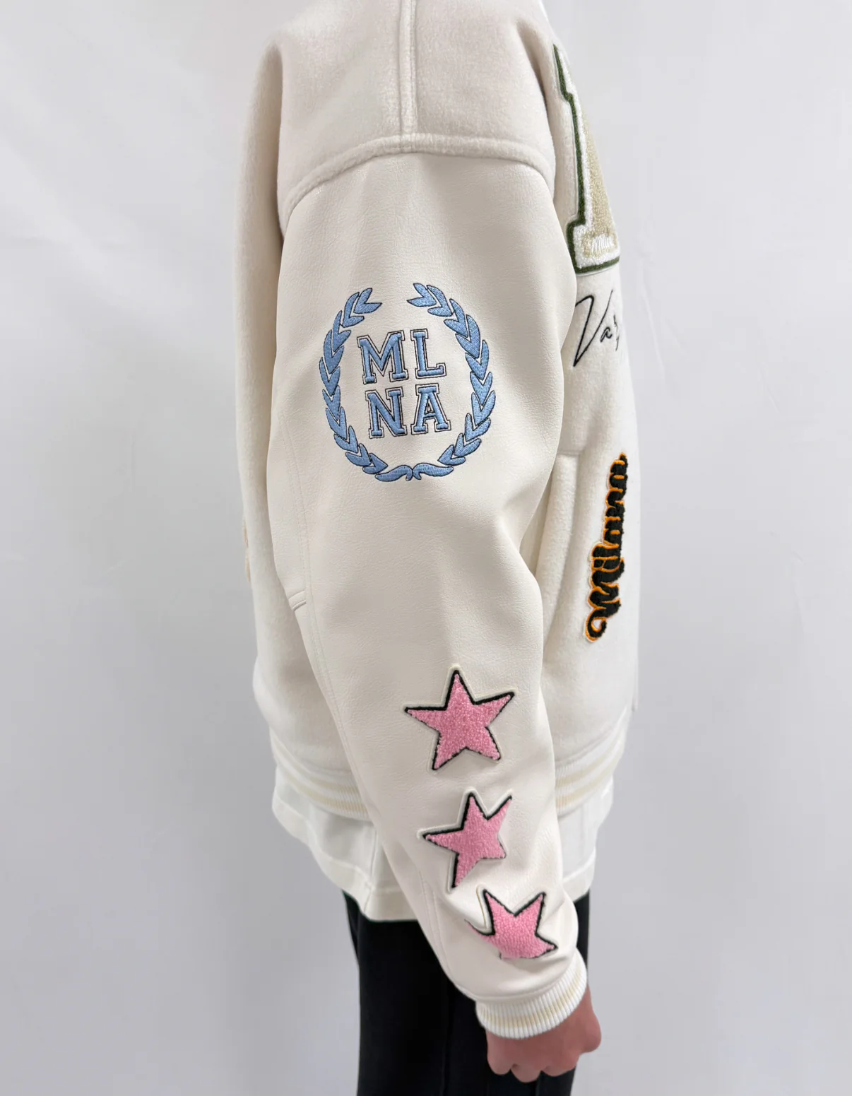 Cream Heavyweight Varsity Bomber Jacket. - Image 5