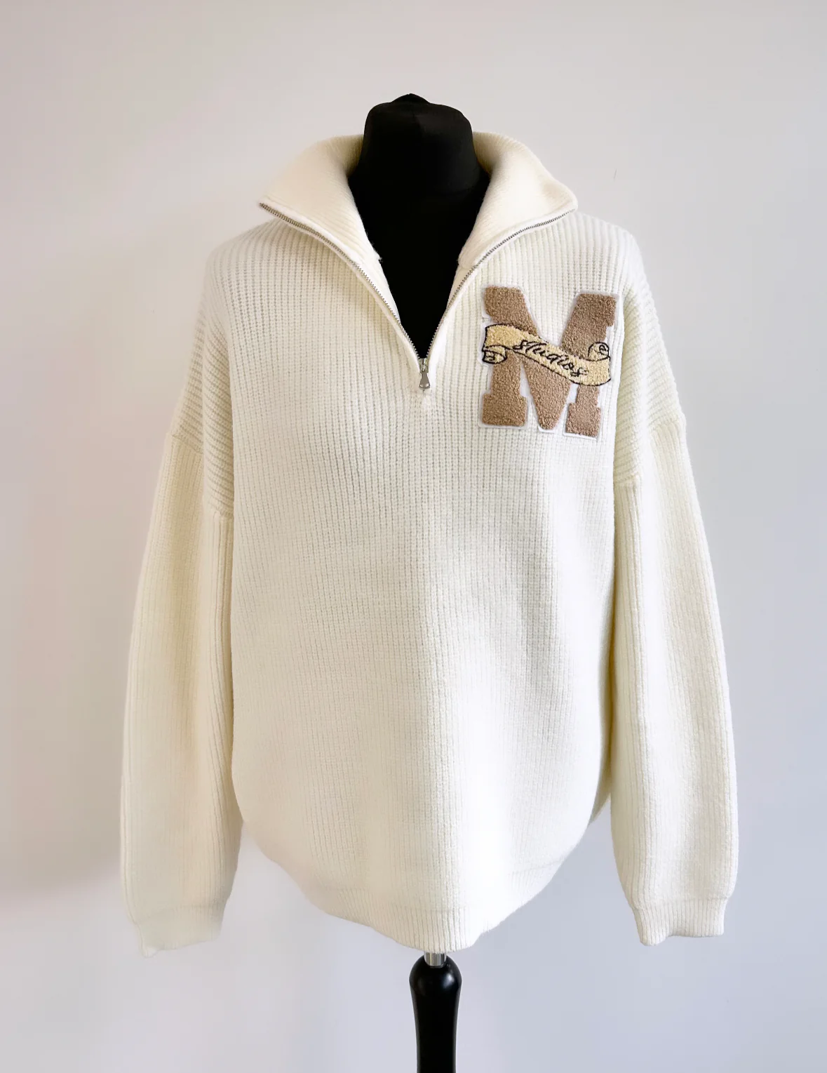 Cream M Script Knitted Heavyweight Half Zip. - Image 3