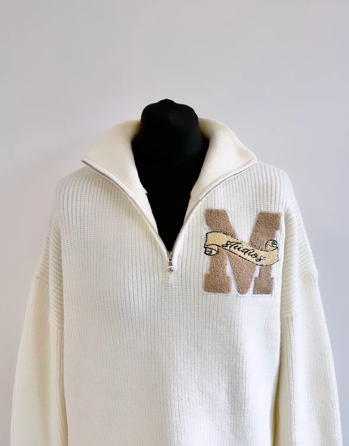 Cream M Script Knitted Heavyweight Half Zip. - Image 4