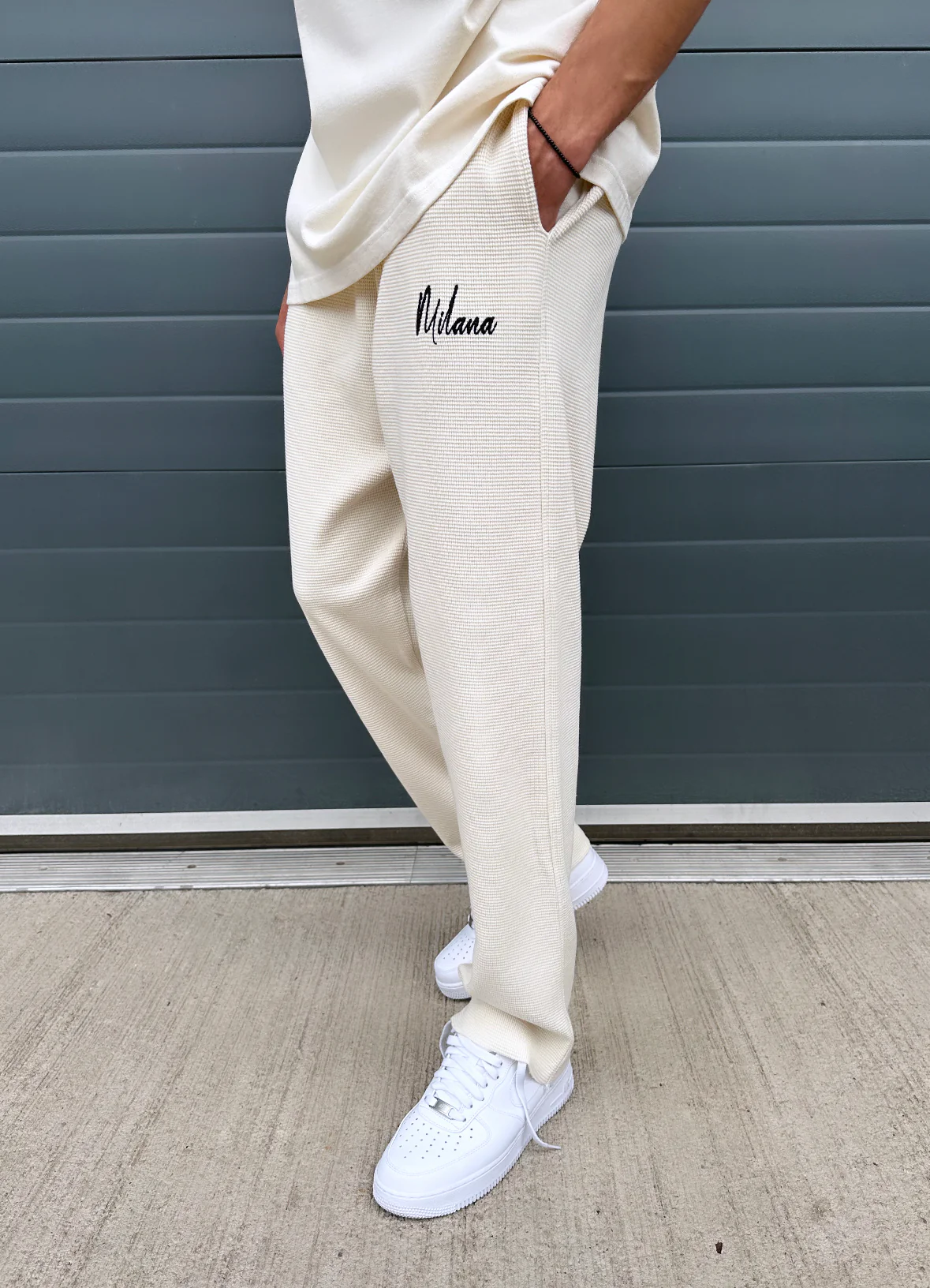 Cream Relaxed Waffle Pants. - Image 3