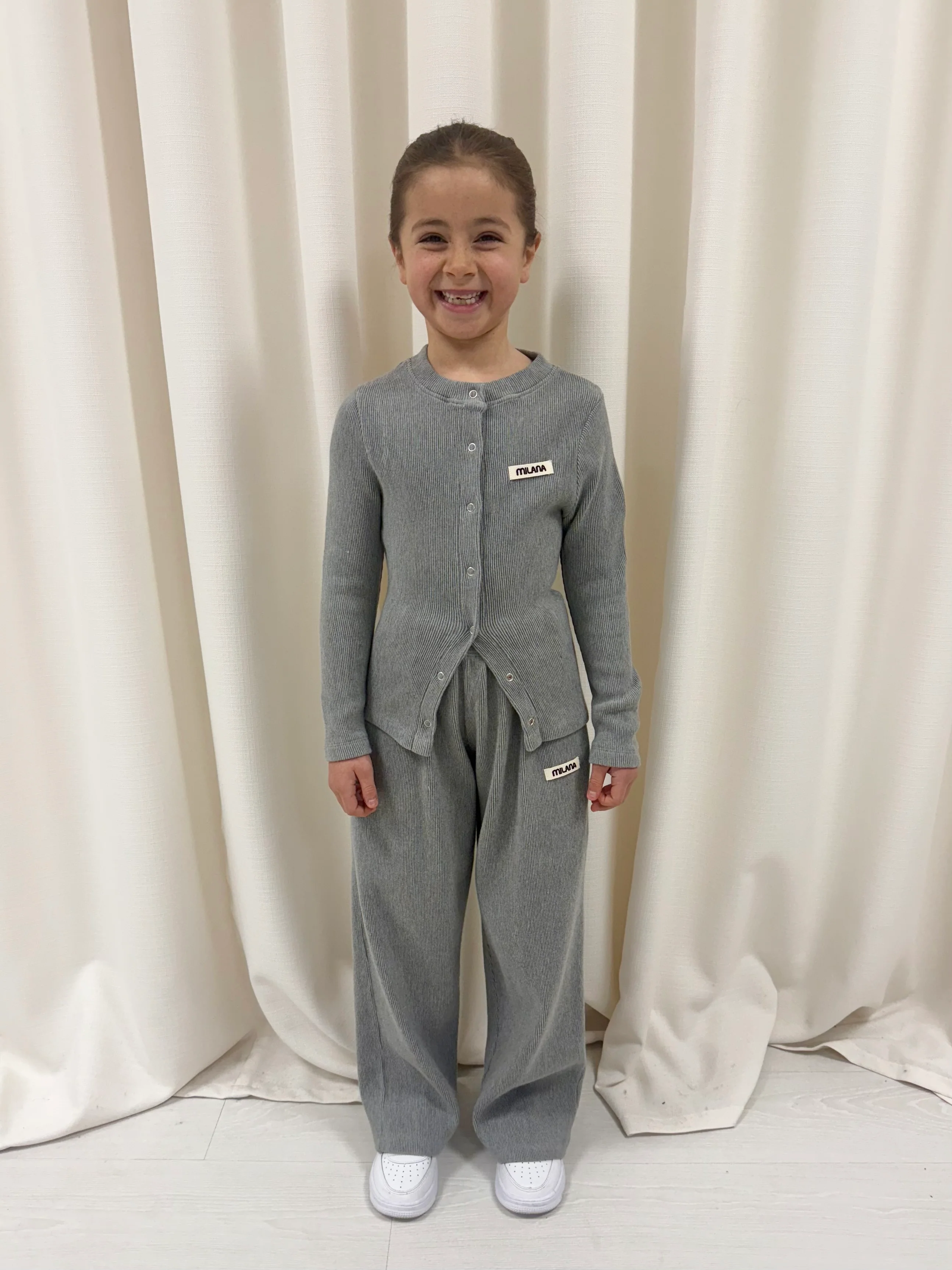 Marl Grey Button Soft Rib Kids Long Sleeve. - Image 3