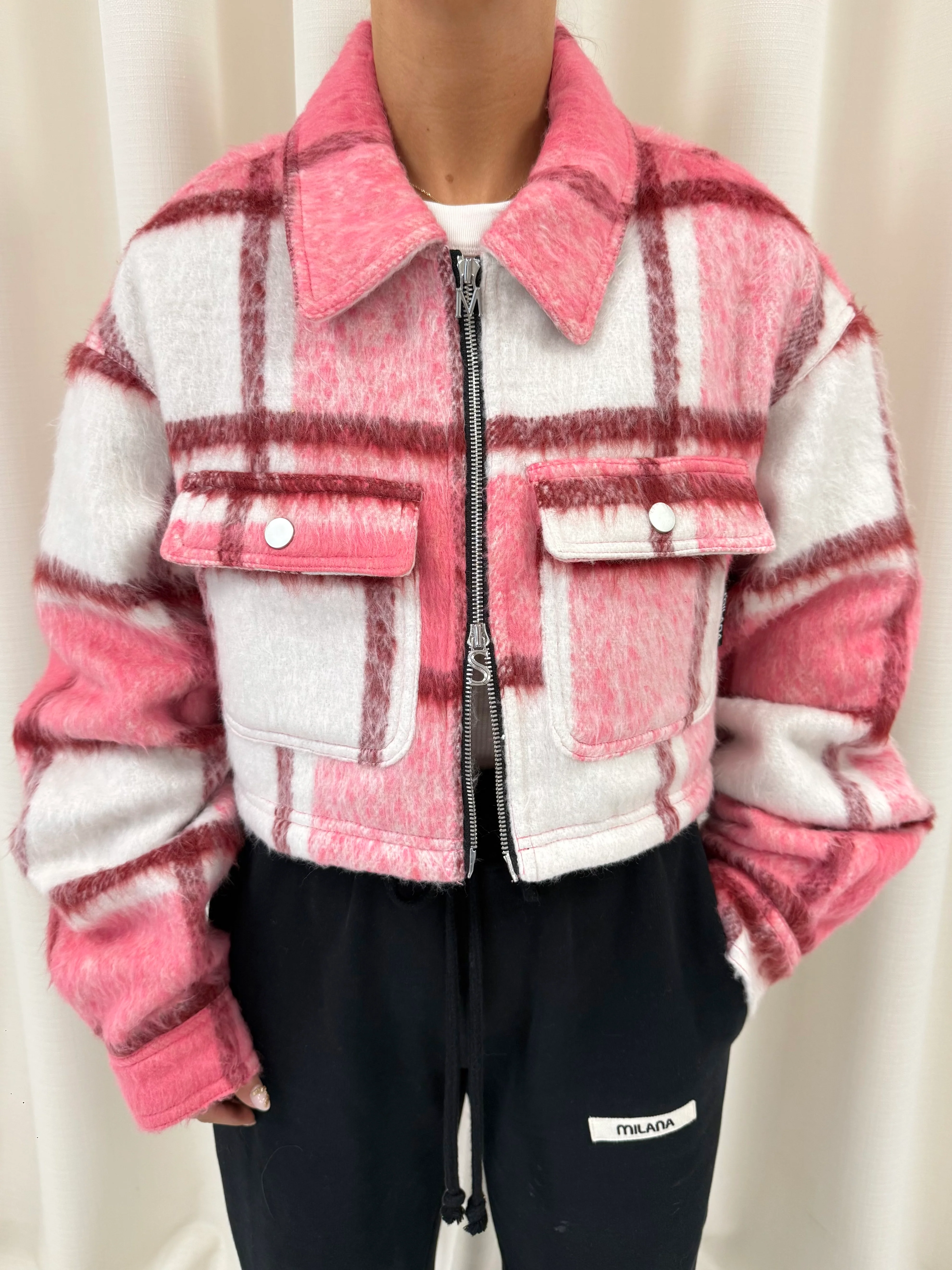 Pink Wool Check Cropped Flannel Trucker Jacket. - Image 5