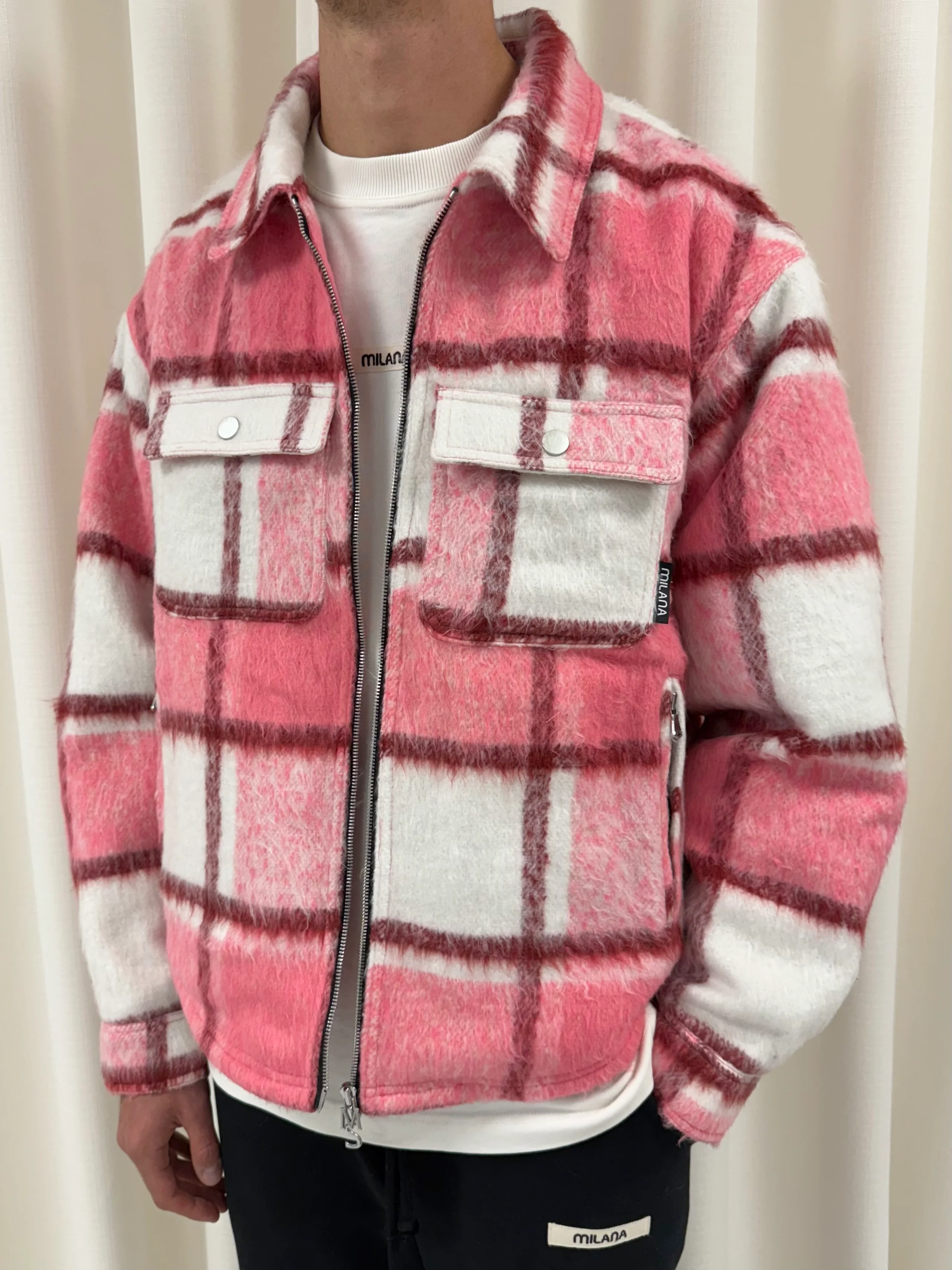 Pink Wool Check Flannel Trucker Jacket. - Image 3