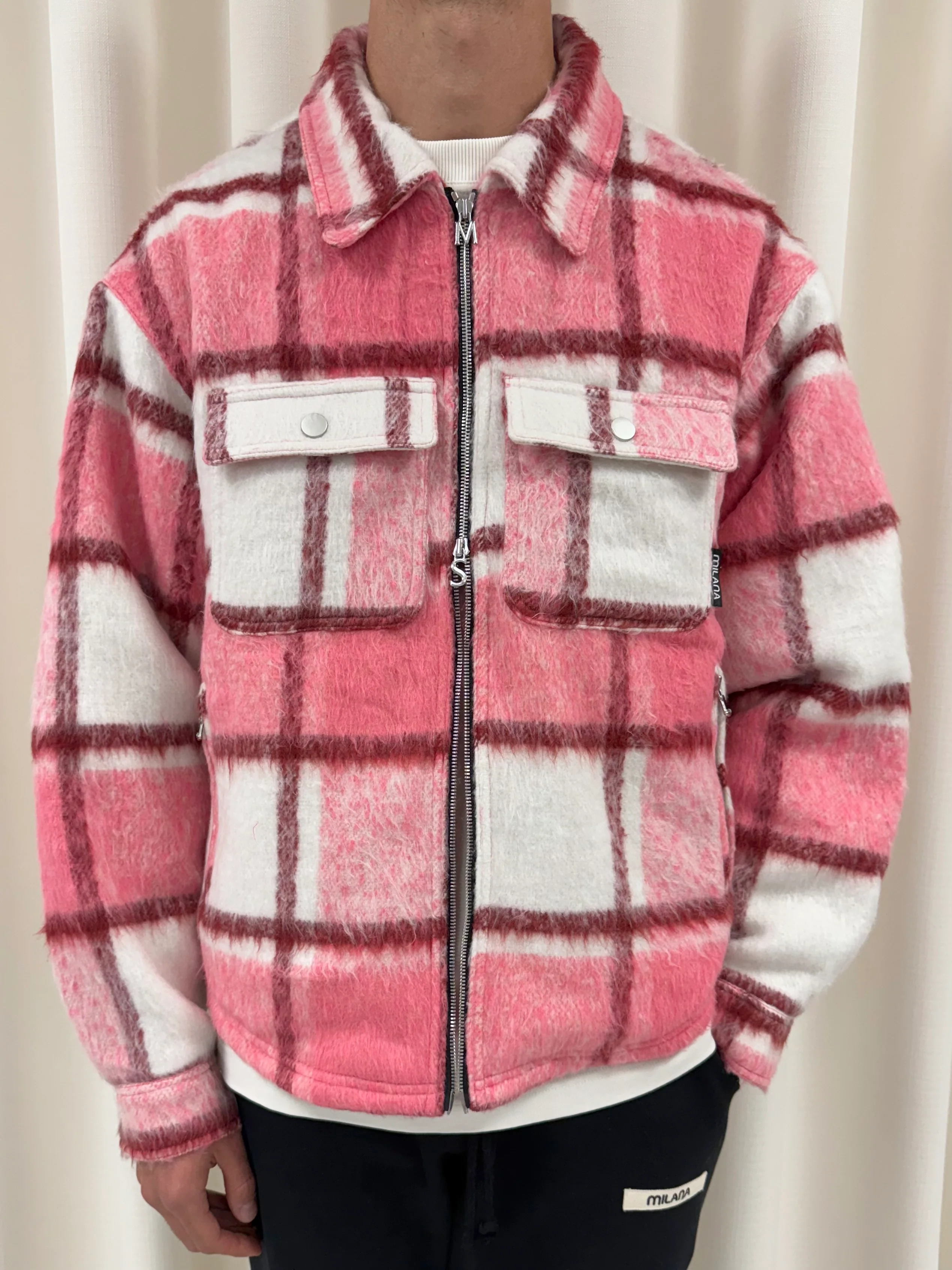 Pink Wool Check Flannel Trucker Jacket. - Image 4