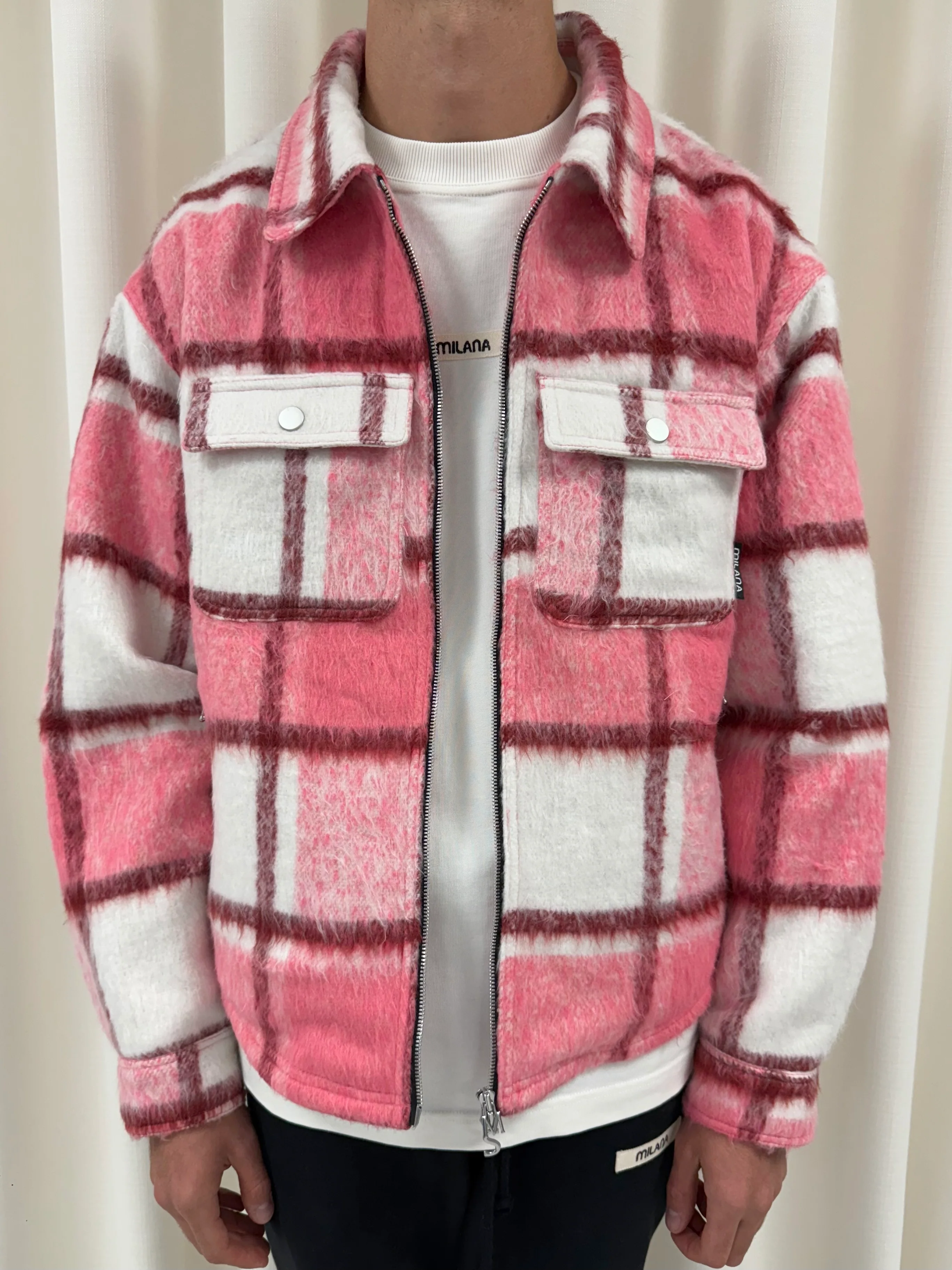 Pink Wool Check Flannel Trucker Jacket. - Image 5