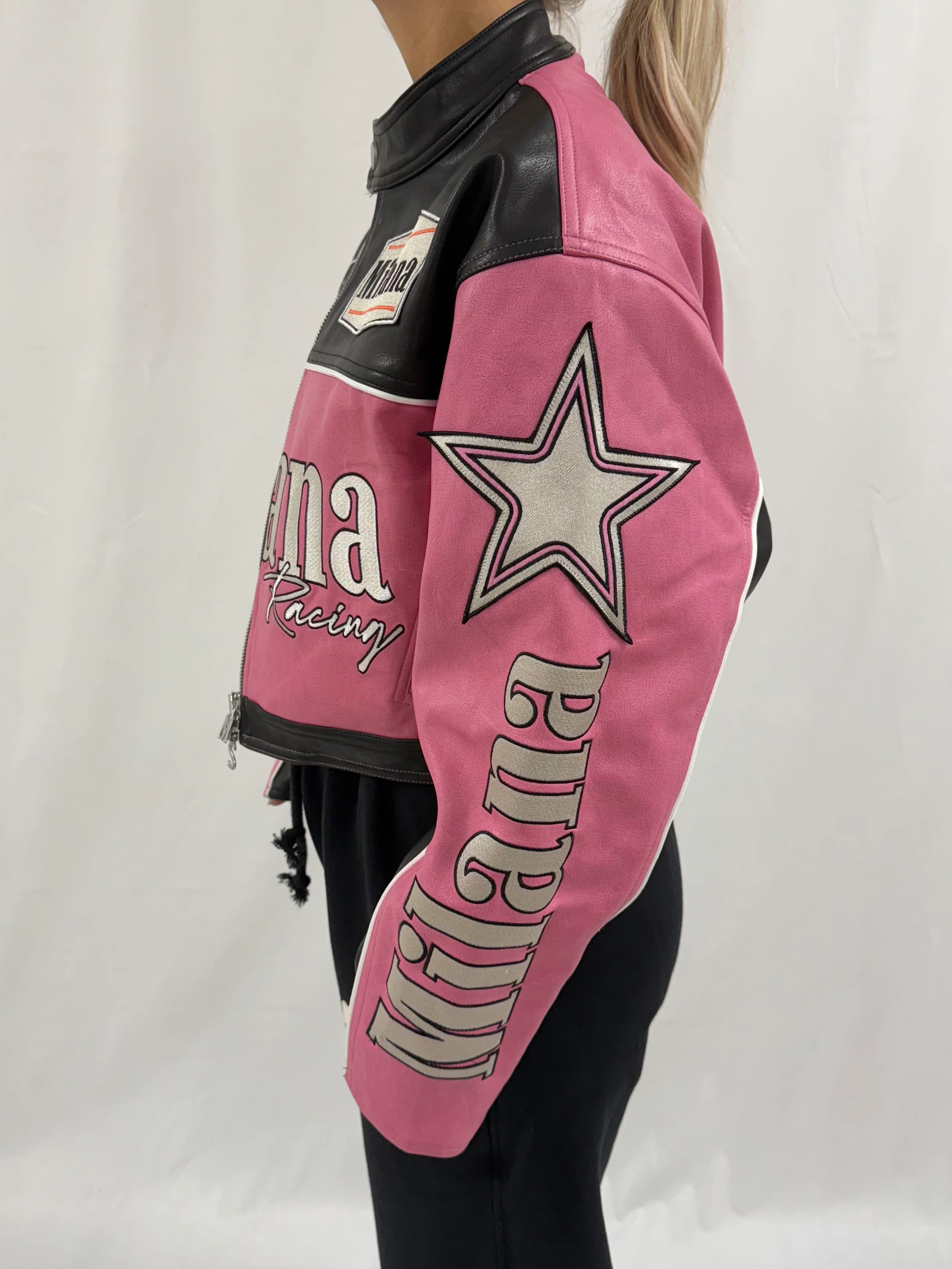 Pink Heavyweight Cropped Leather Biker Jacket. - Image 3