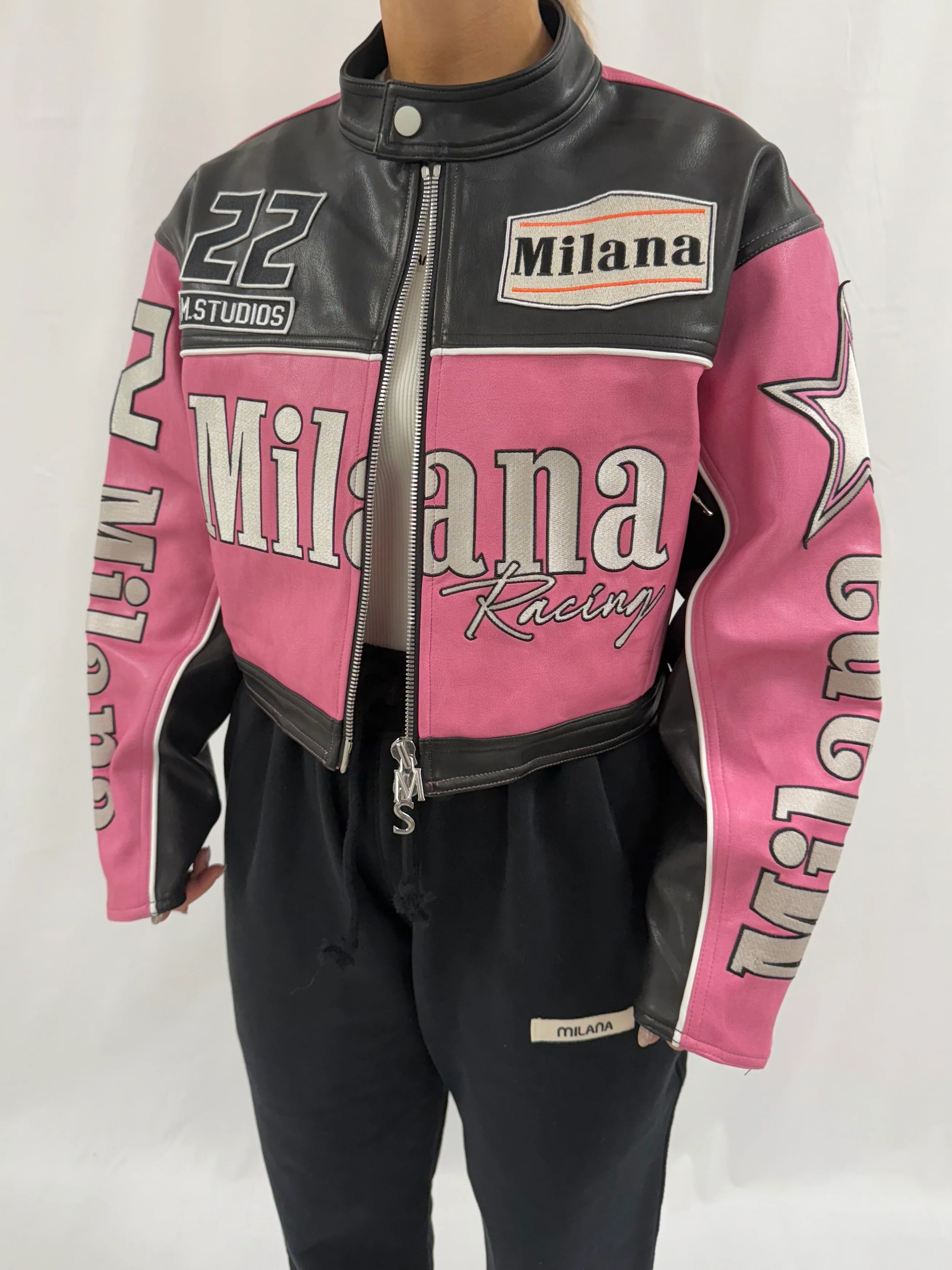 Pink Heavyweight Cropped Leather Biker Jacket. - Image 4