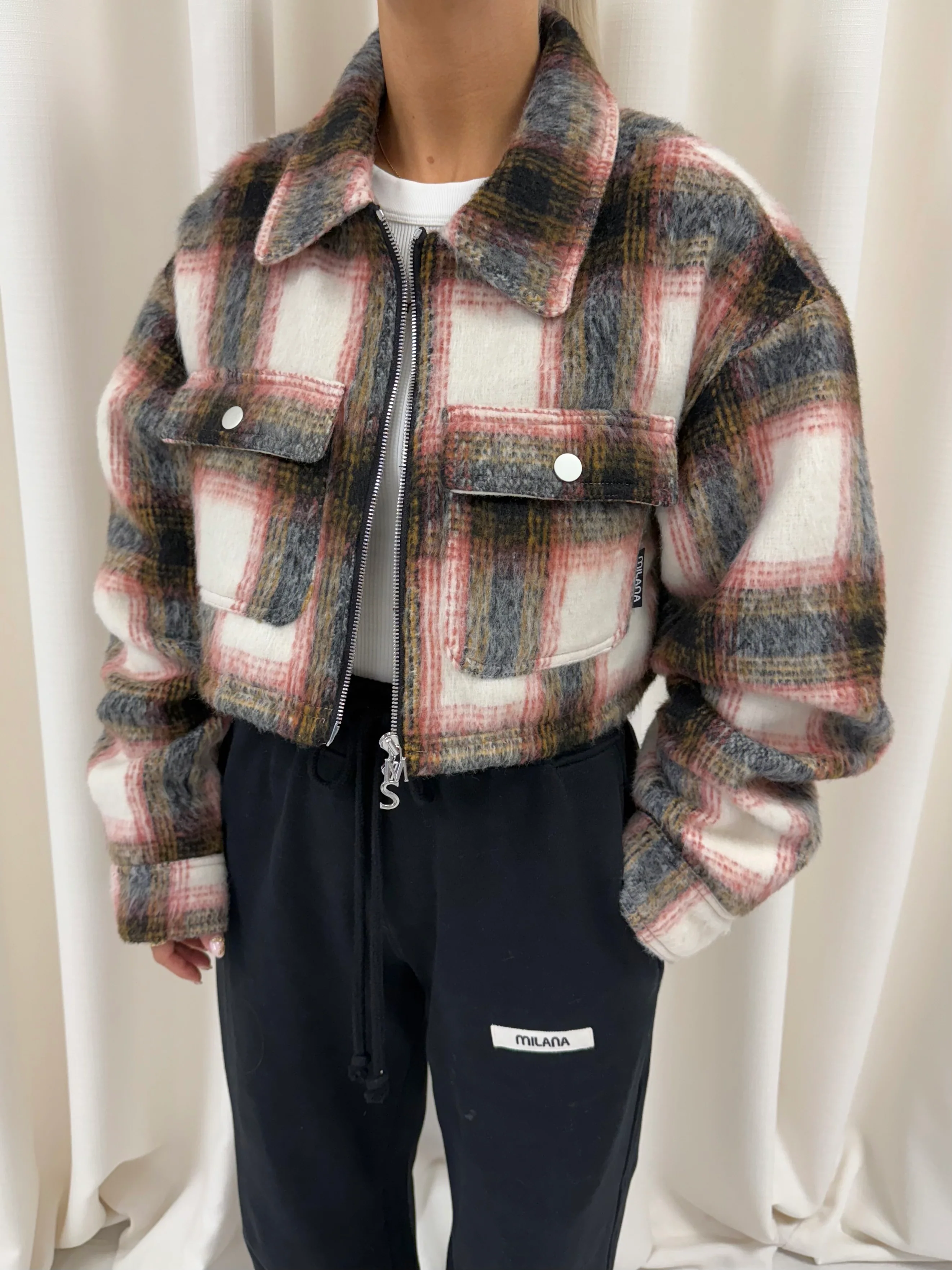 Rust Wool Check Cropped Flannel Trucker Jacket. - Image 3