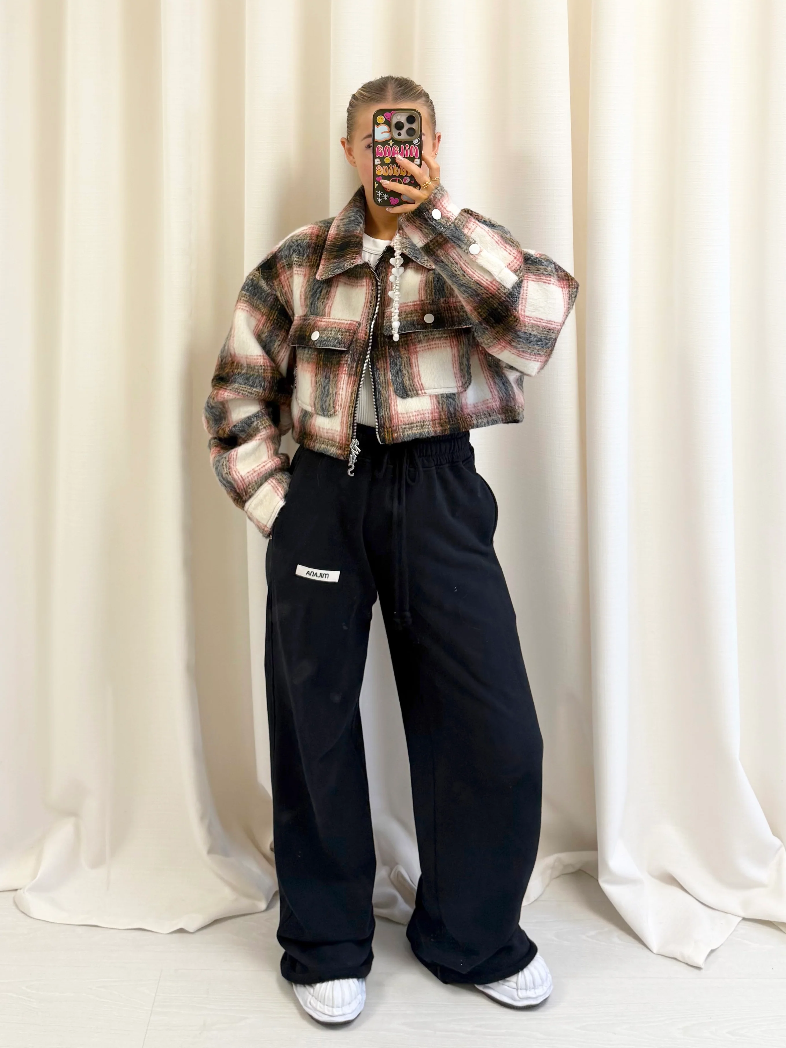Rust Wool Check Cropped Flannel Trucker Jacket. - Image 4