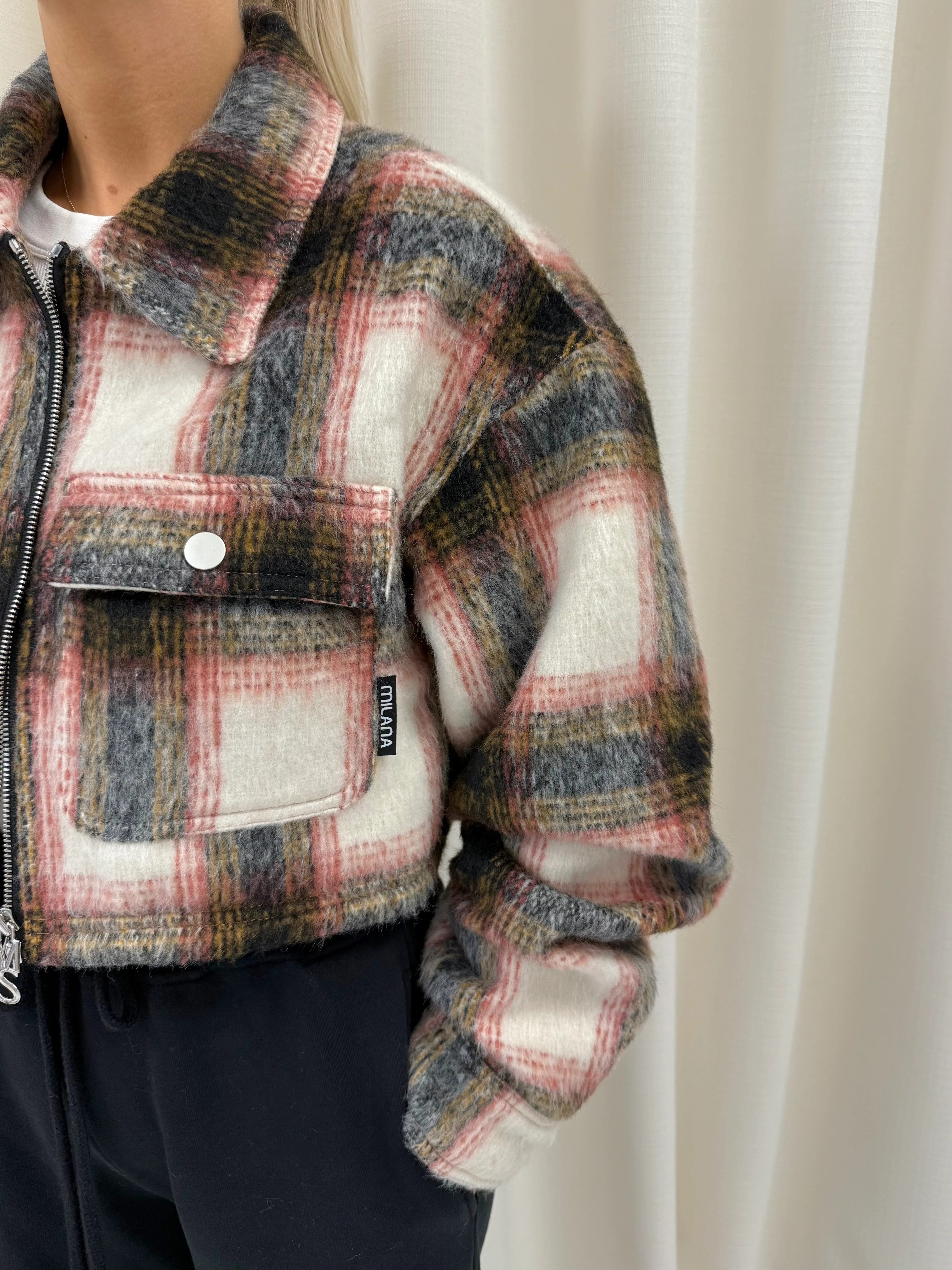 Rust Wool Check Cropped Flannel Trucker Jacket. - Image 5