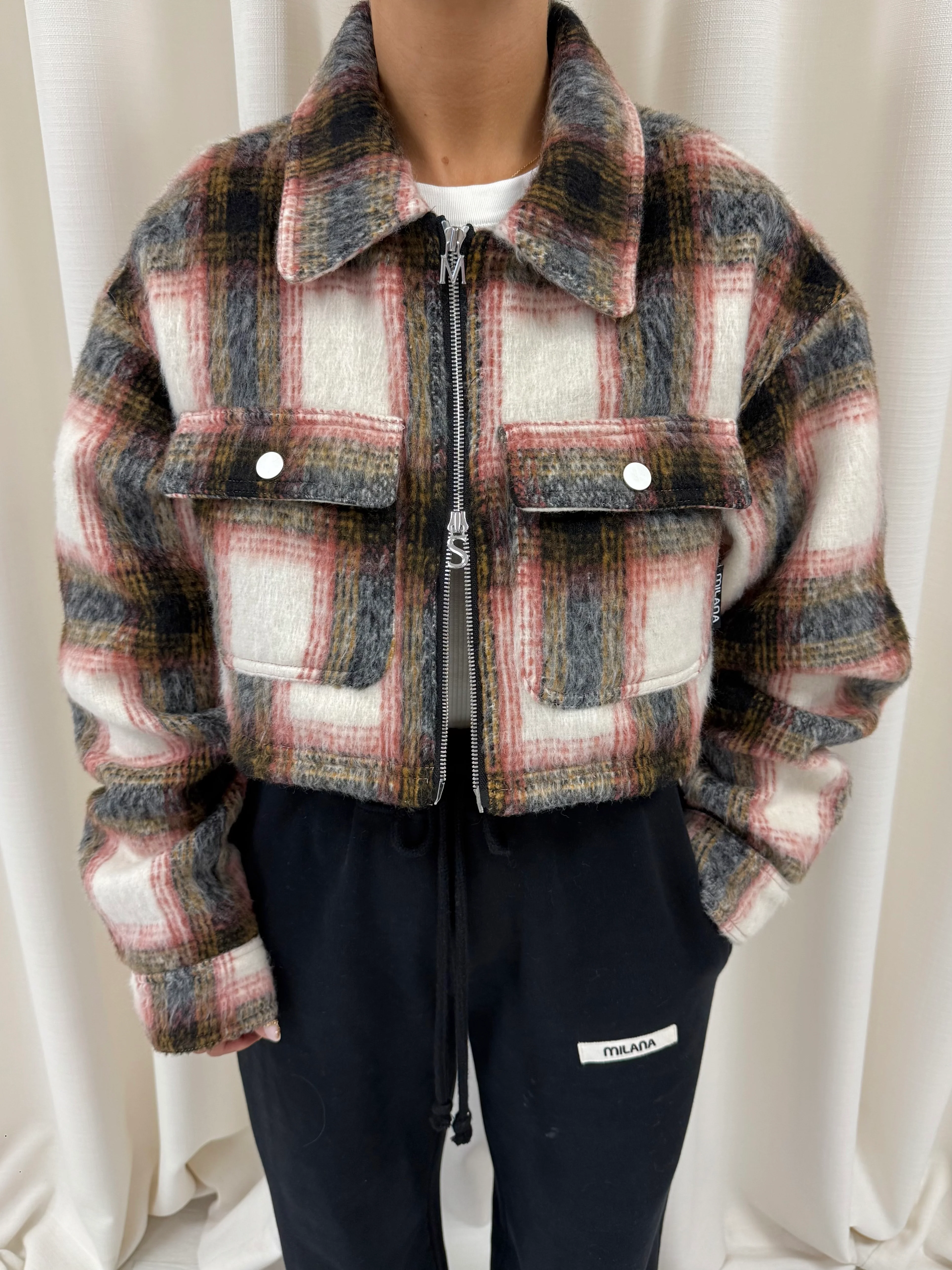Rust Wool Check Cropped Flannel Trucker Jacket. - Image 6