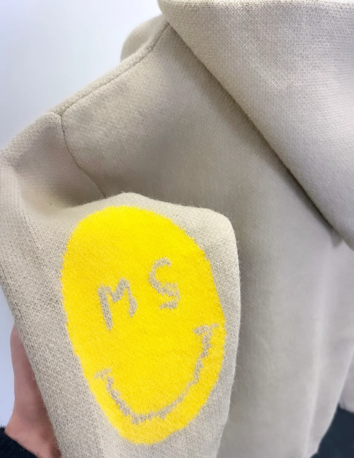 Taupe Smiley Patch Heavyweight Knit Hoodie. - Image 5