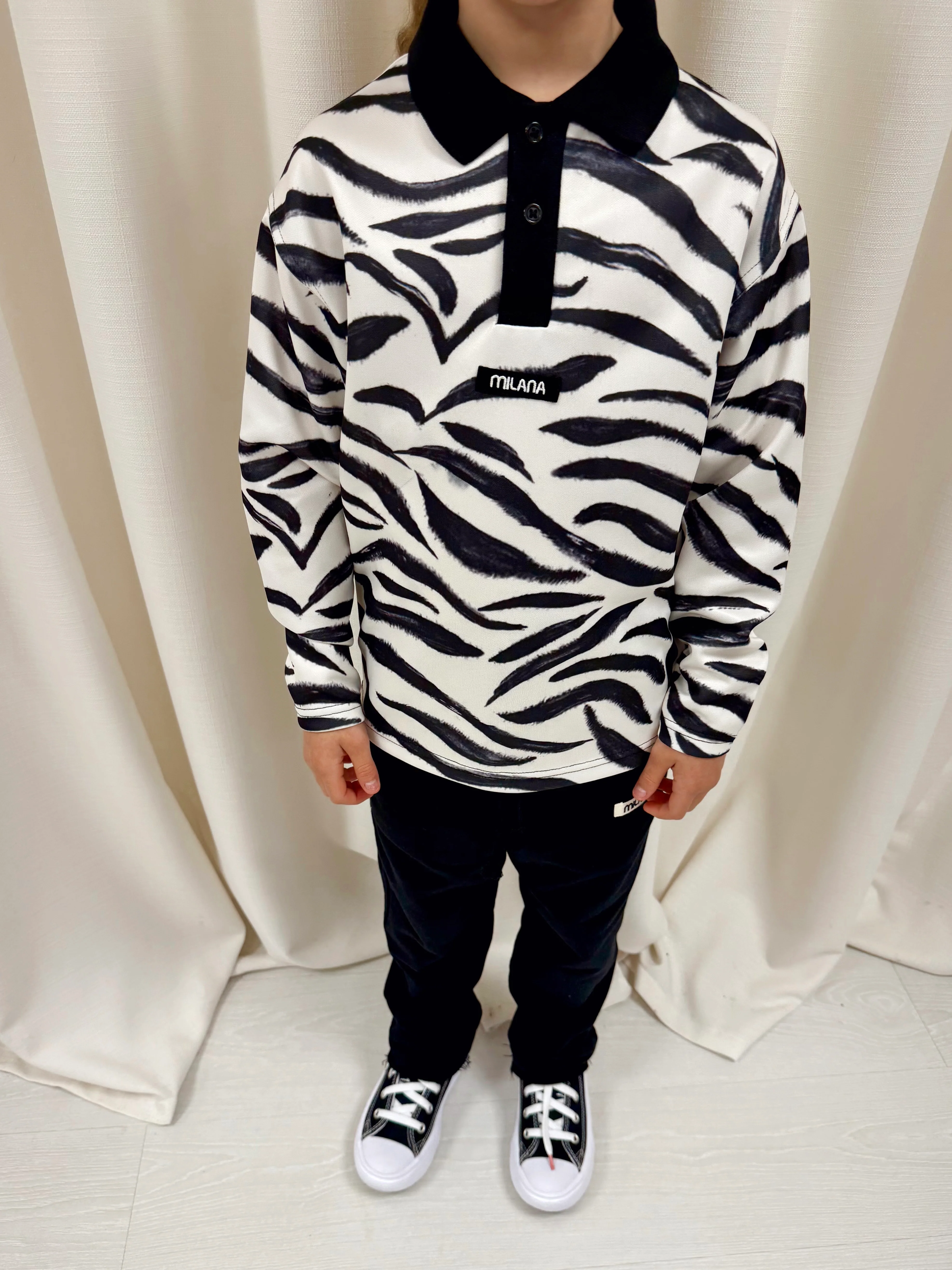 Zebra Print Kids Long Sleeve Polo. - Image 3