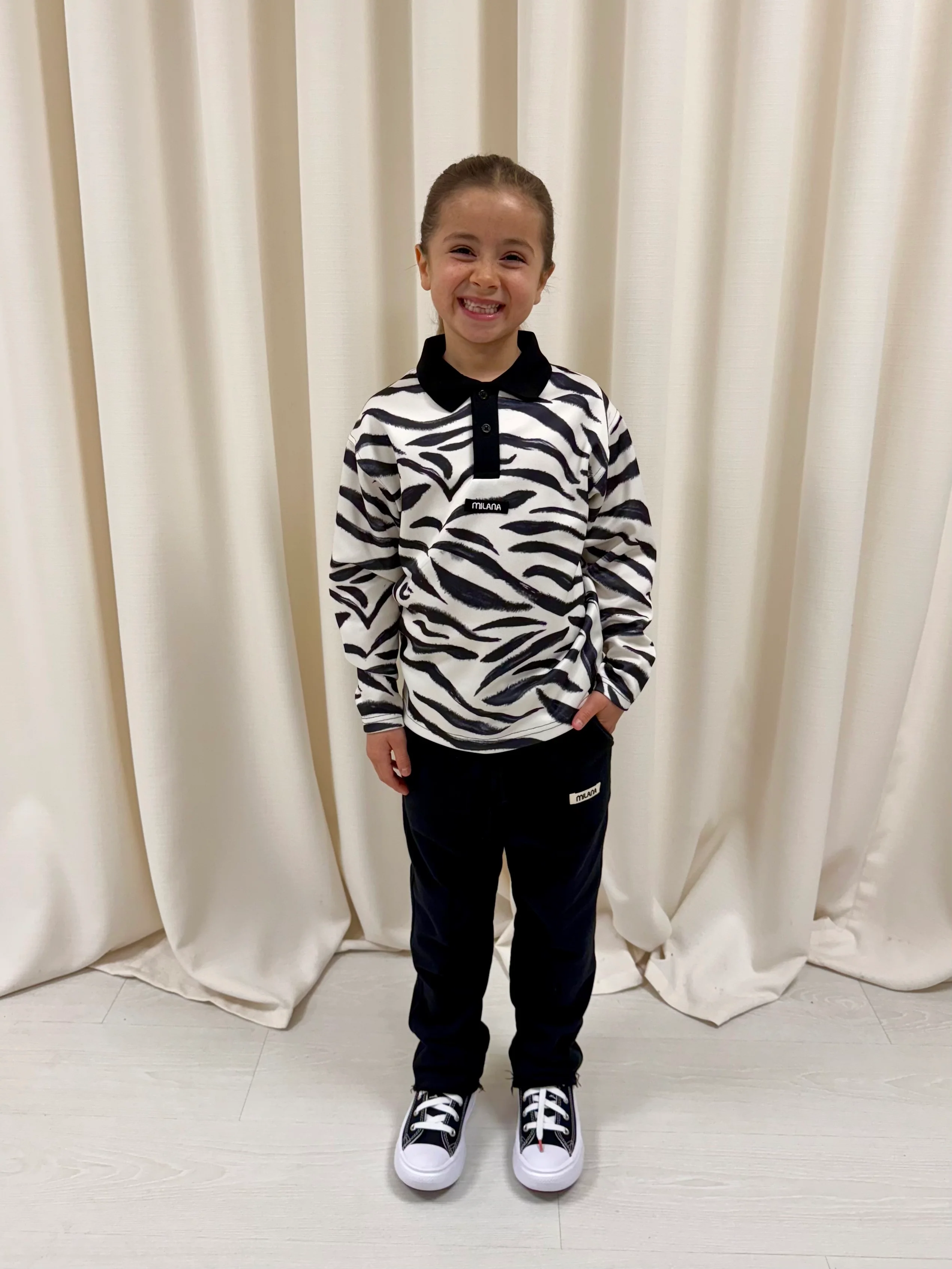 Zebra Print Kids Long Sleeve Polo. - Image 4